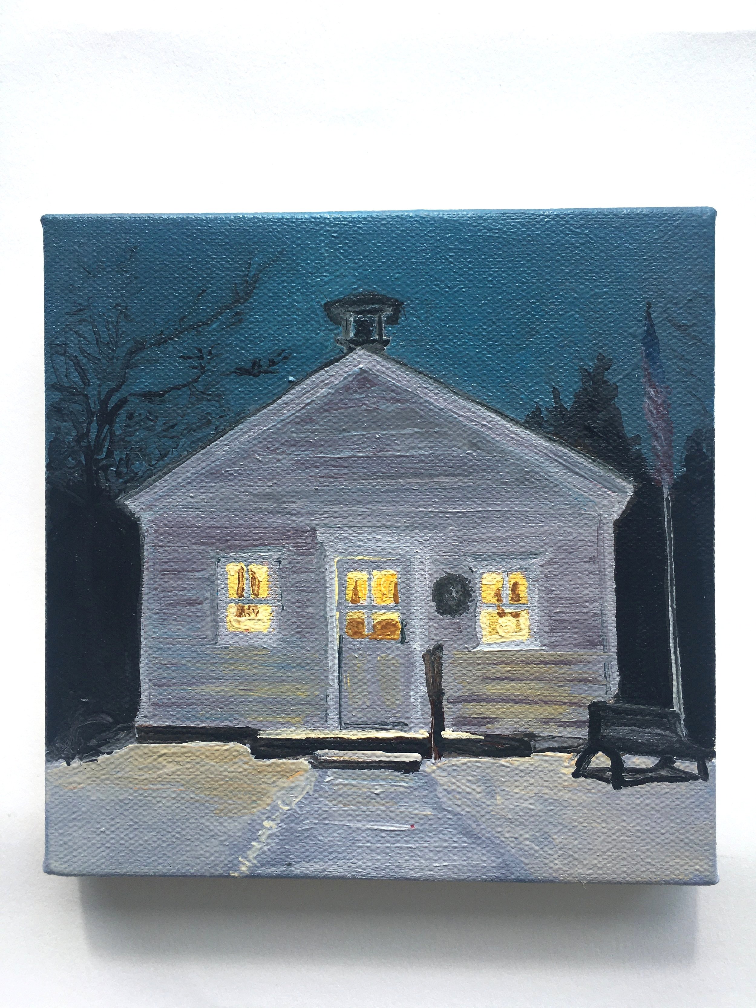   Old School House at Night,  Oil on Canvas, 6” x 6”, 2021 