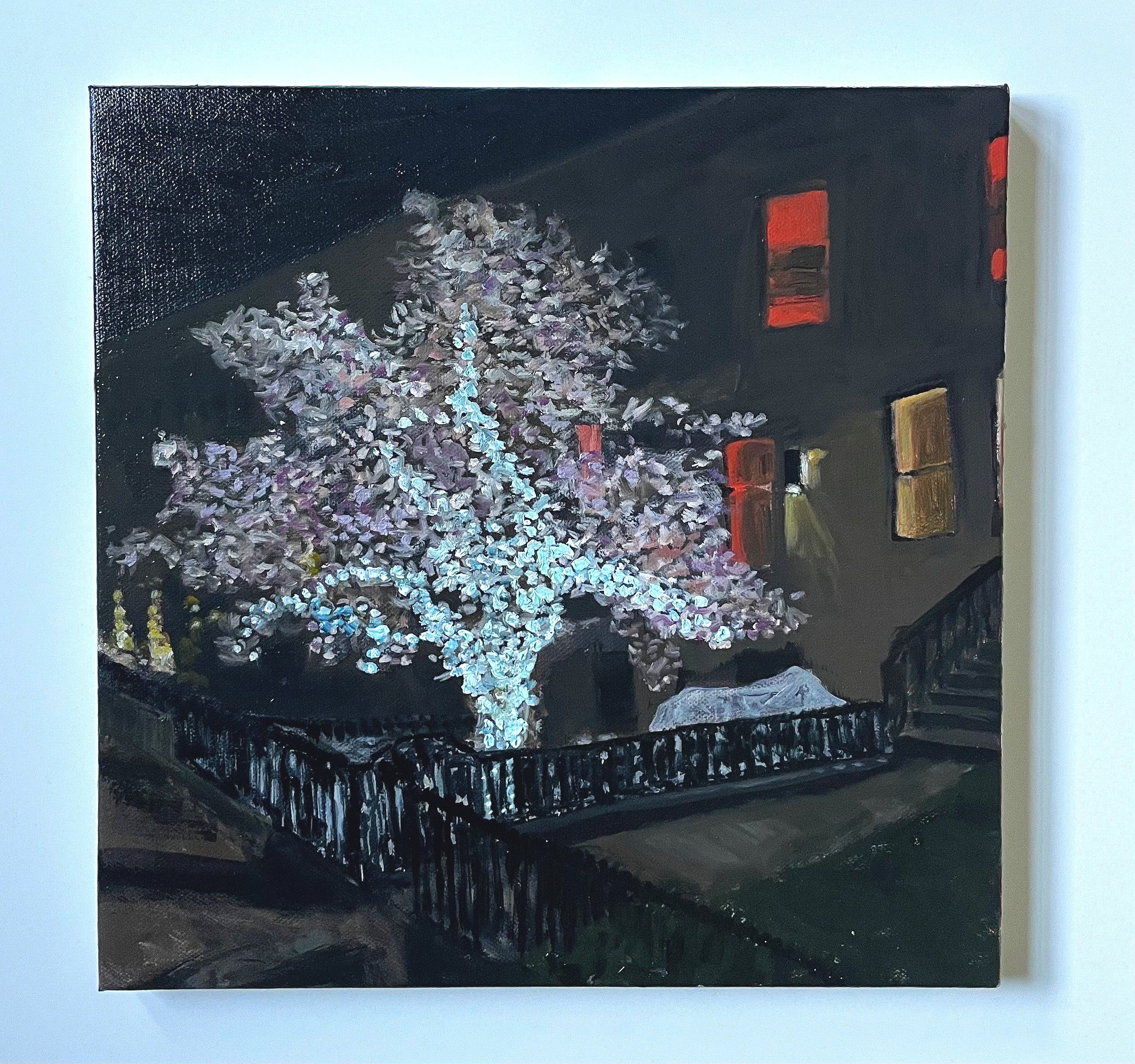   Magnolia with Christmas Lights   12” x 12”  Oil on Canvas  2023 