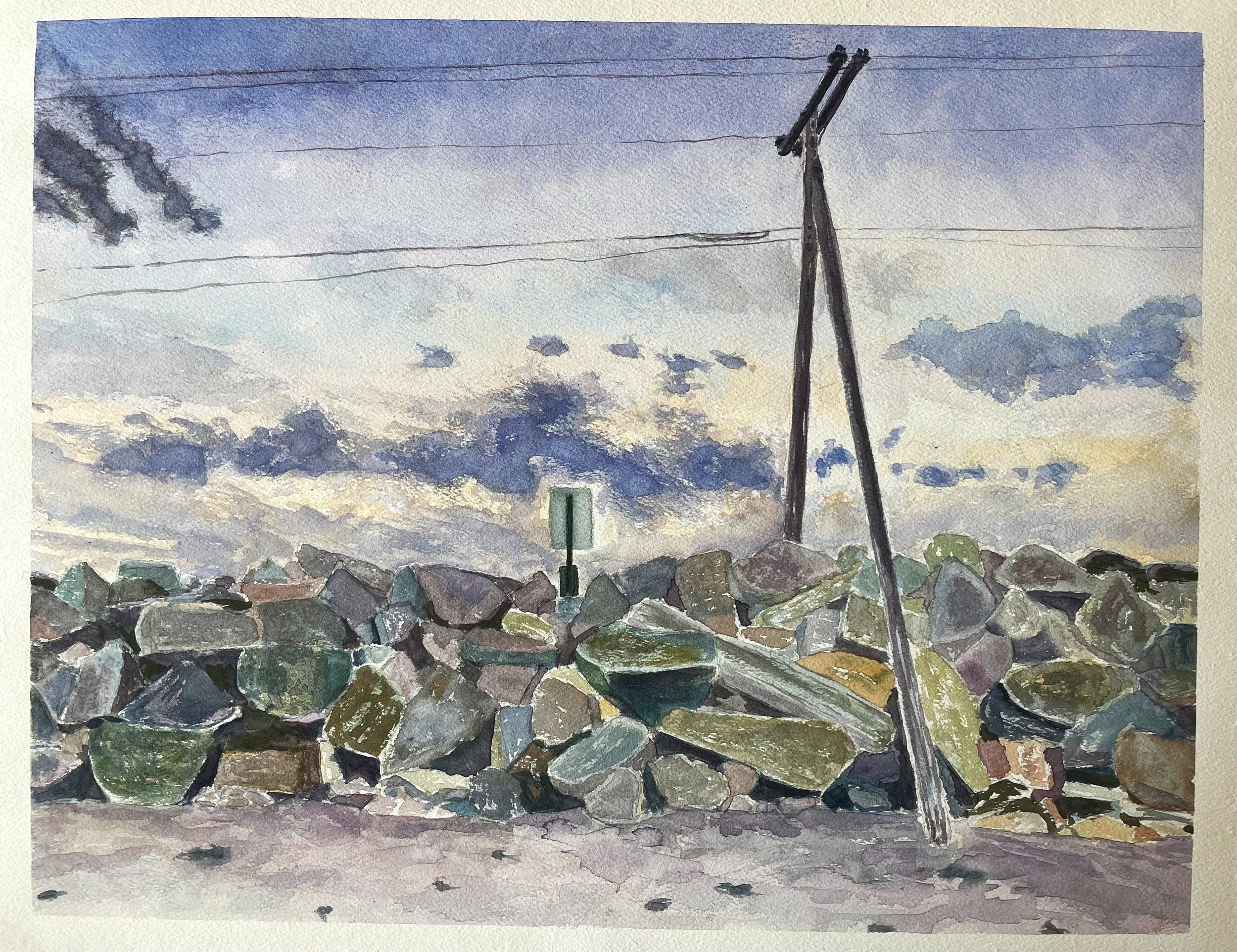   Rock Wall and Power Lines at Dusk   19” x 24”   watercolor on coldpress  2023 