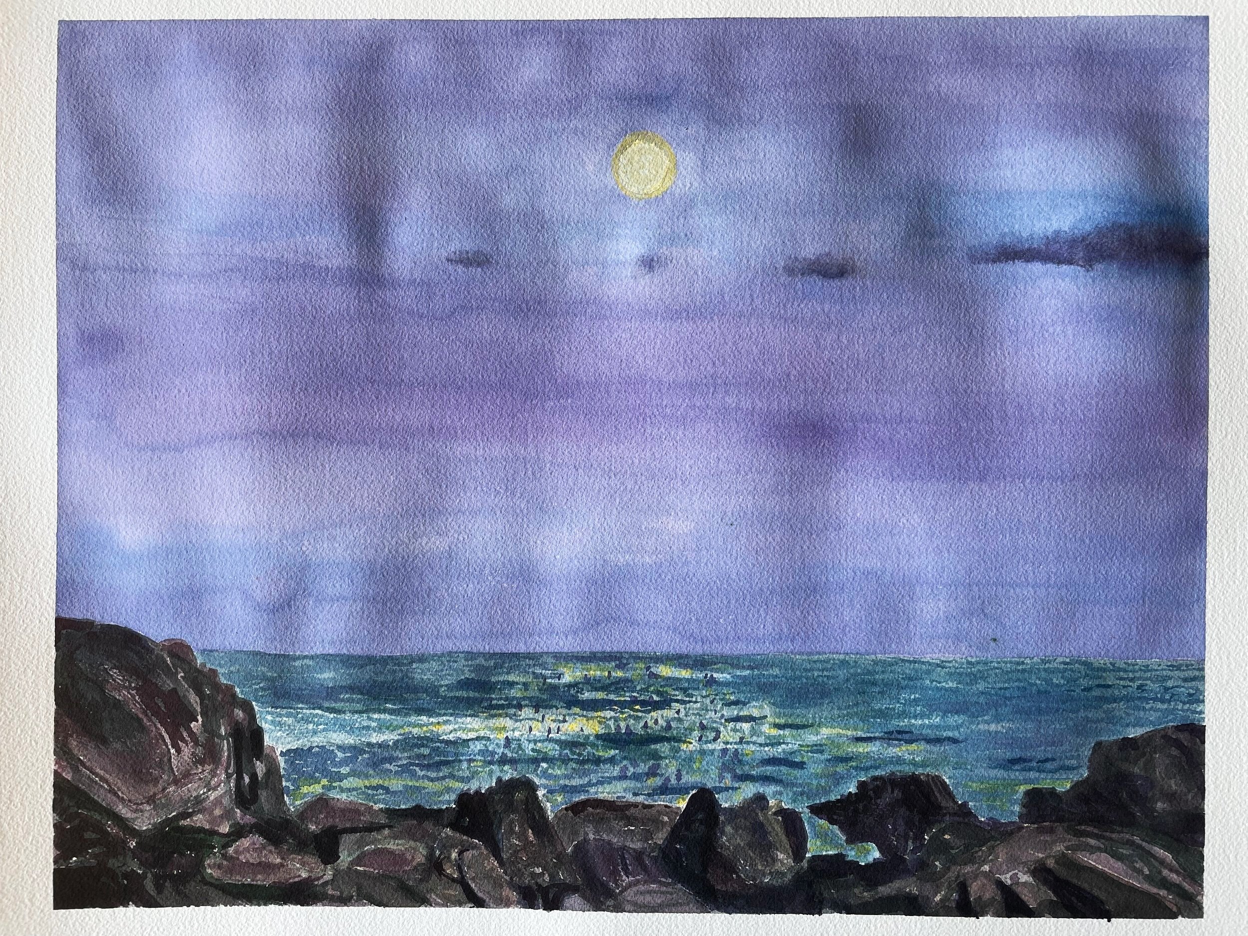   Moonlit Sky in Biddeford   19” x 24”   watercolor on cold press  2023 