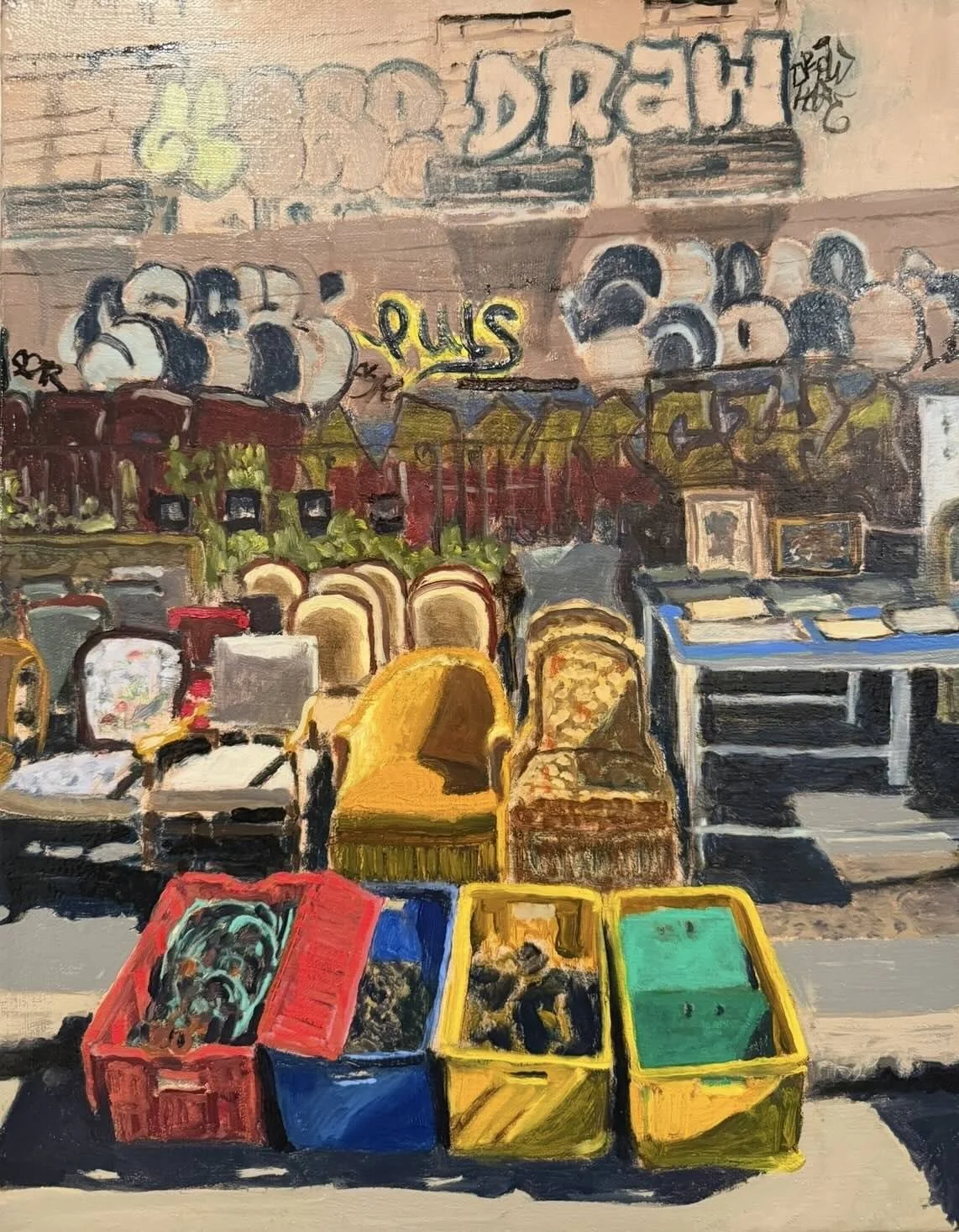   Chairs and Bins   oil on canvas  18” x 14”  2025 