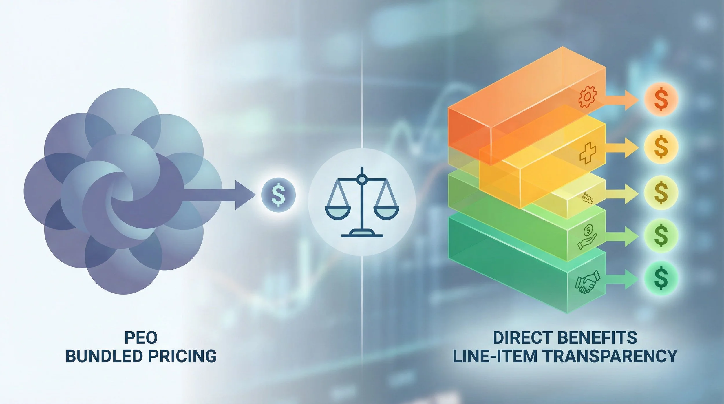 Cost breakdown comparing PEO bundled pricing vs direct benefits line-item transparency