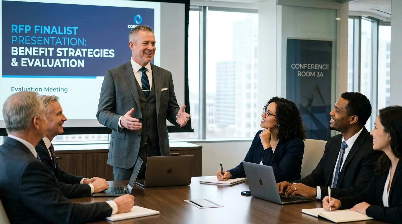 Benefits broker presenting to HR team during broker RFP finalist evaluation meeting