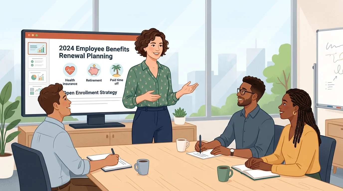 HR leader confidently discussing benefits renewal planning with team in organized setting