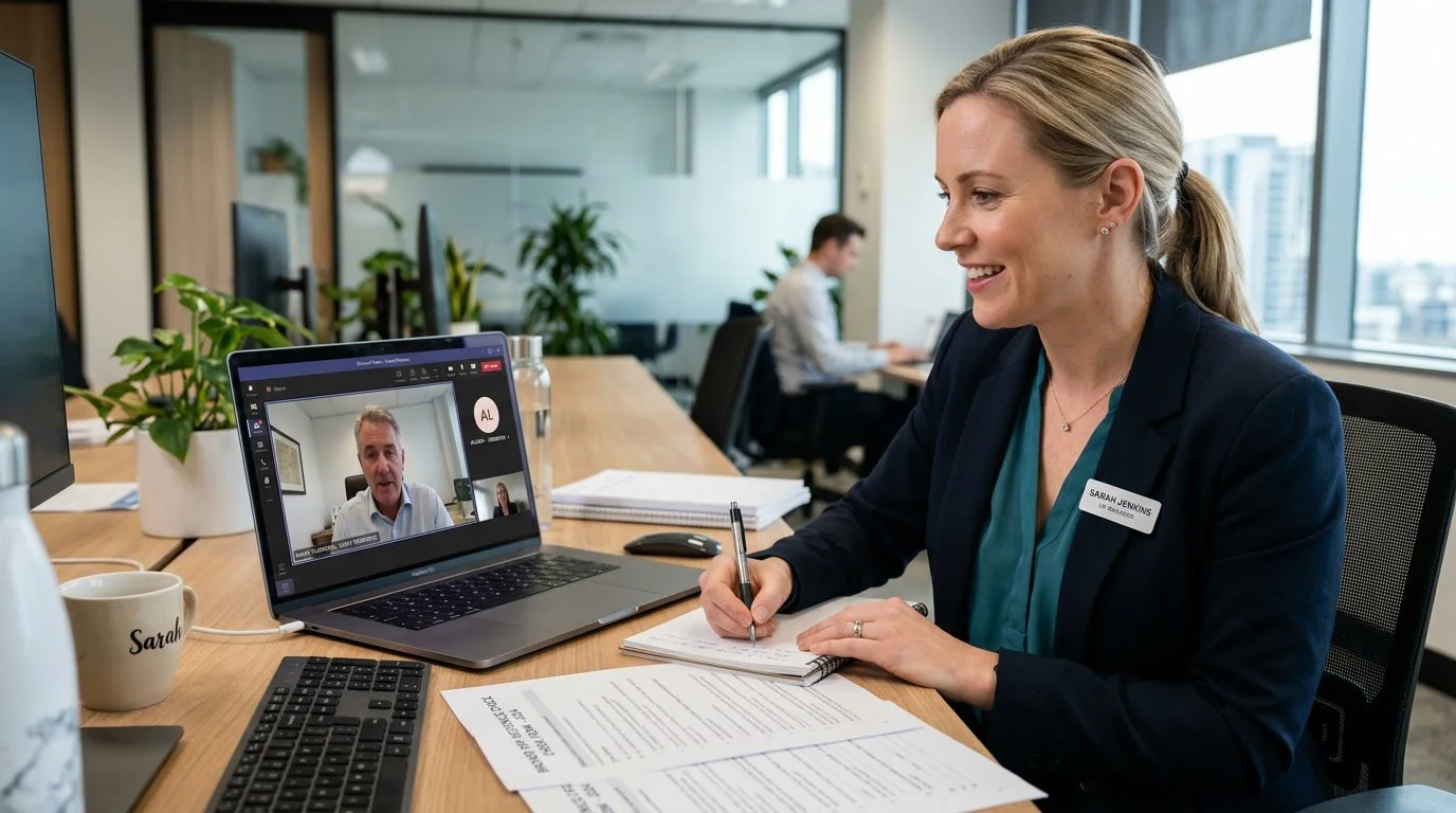 HR professional conducting broker RFP reference checks with current broker clients