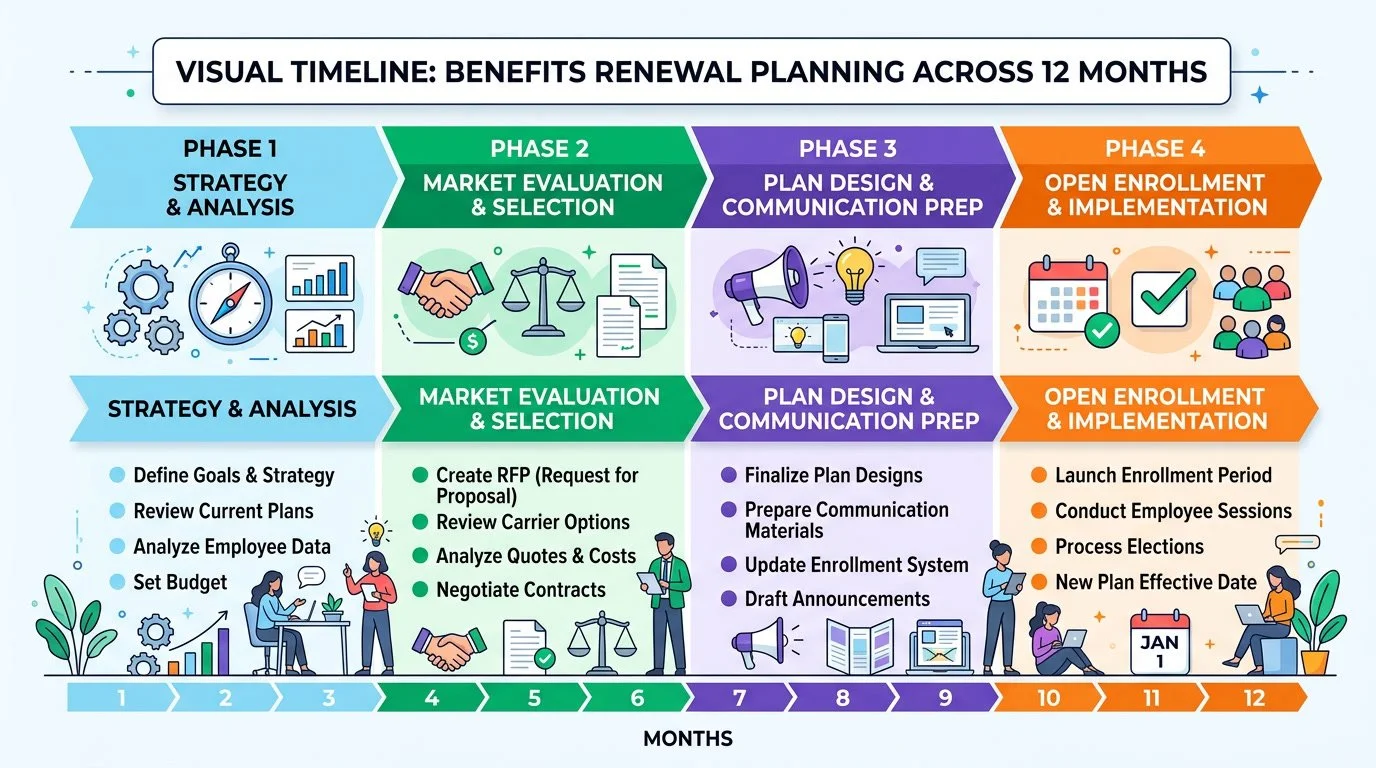 Visual timeline showing benefits renewal planning across 12 months with four distinct phases