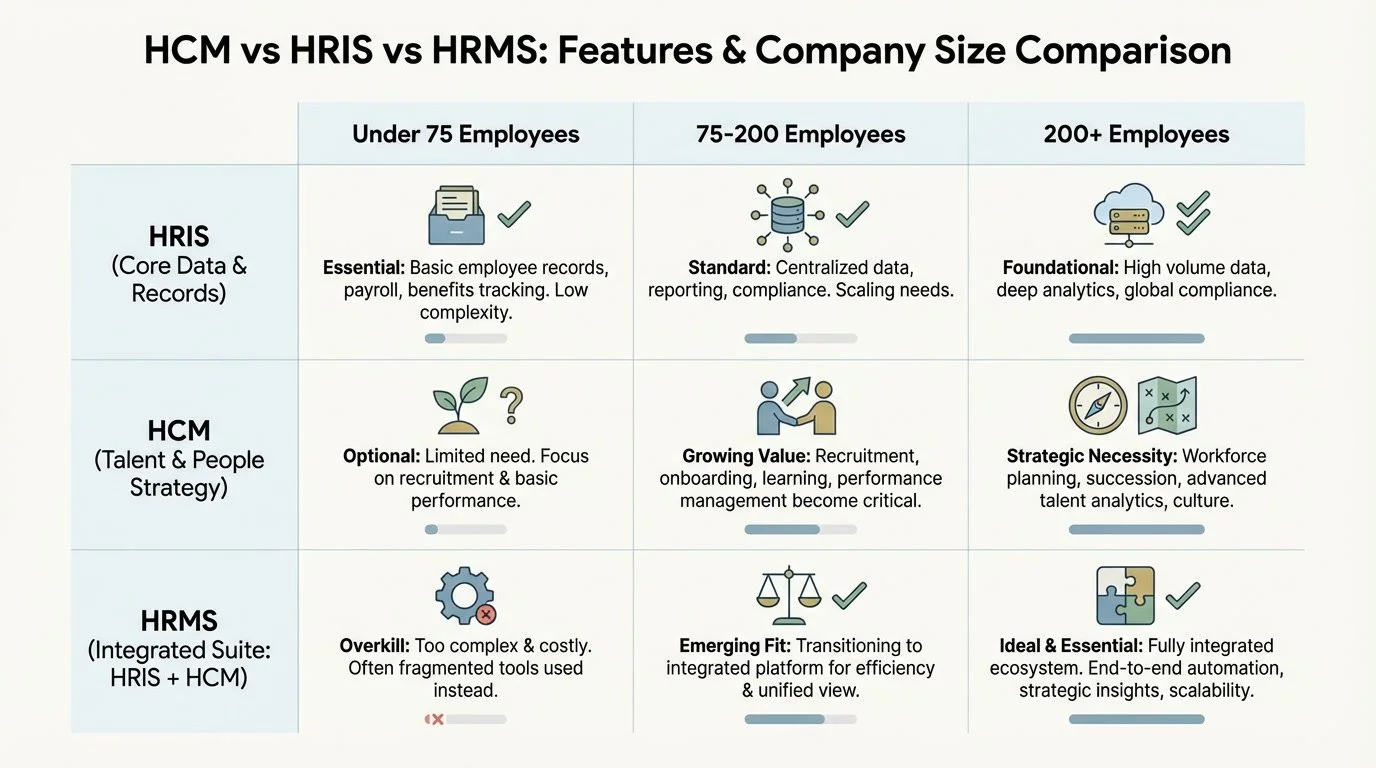 Guide showing appropriate HCM vs HRIS vs HRMS selection based on company employee headcount