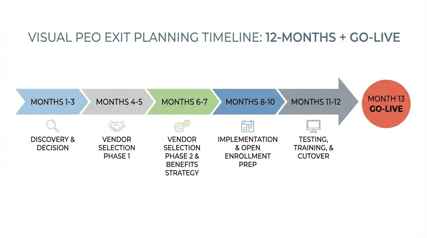 Visual timeline showing 12-month PEO exit planning phases from discovery to go-live