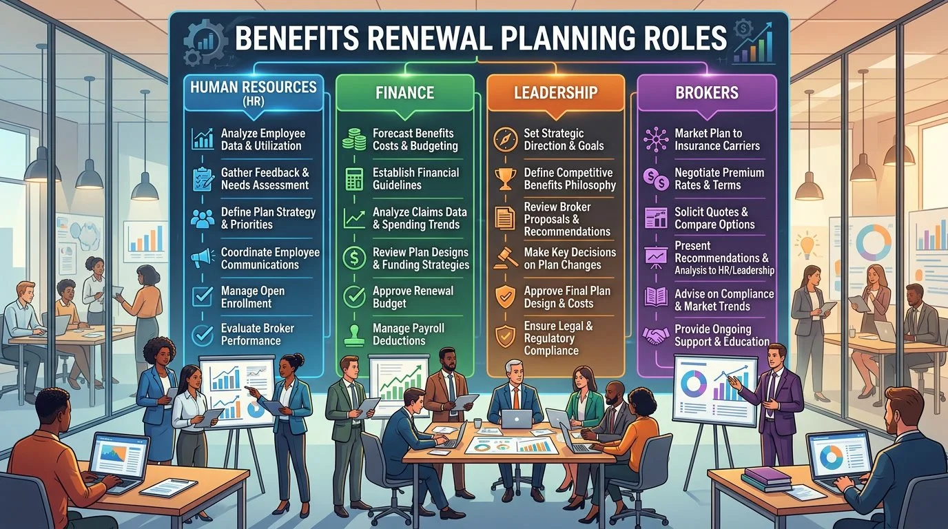 Chart showing benefits renewal planning roles for HR, finance, leadership and brokers