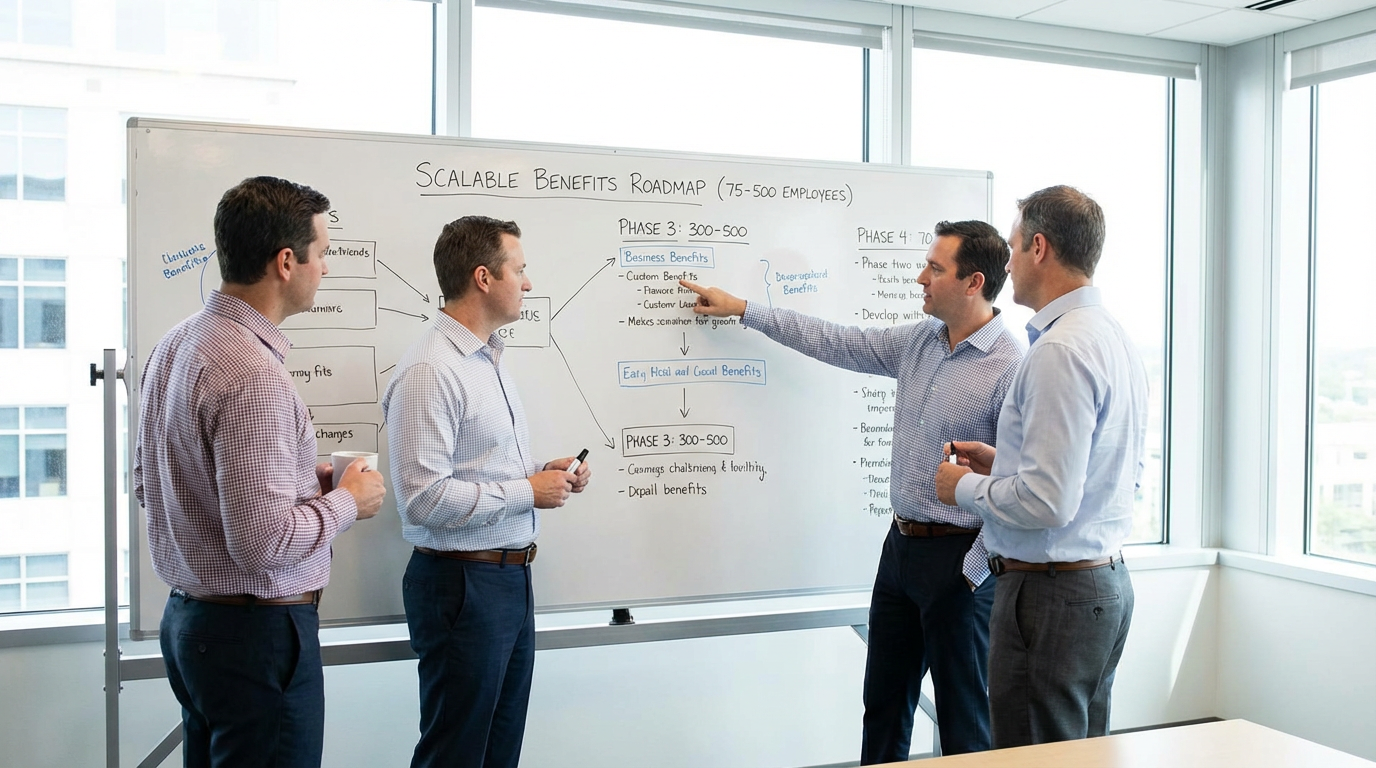 HR professionals reviewing scalable benefits roadmap and renewal timeline for growing company