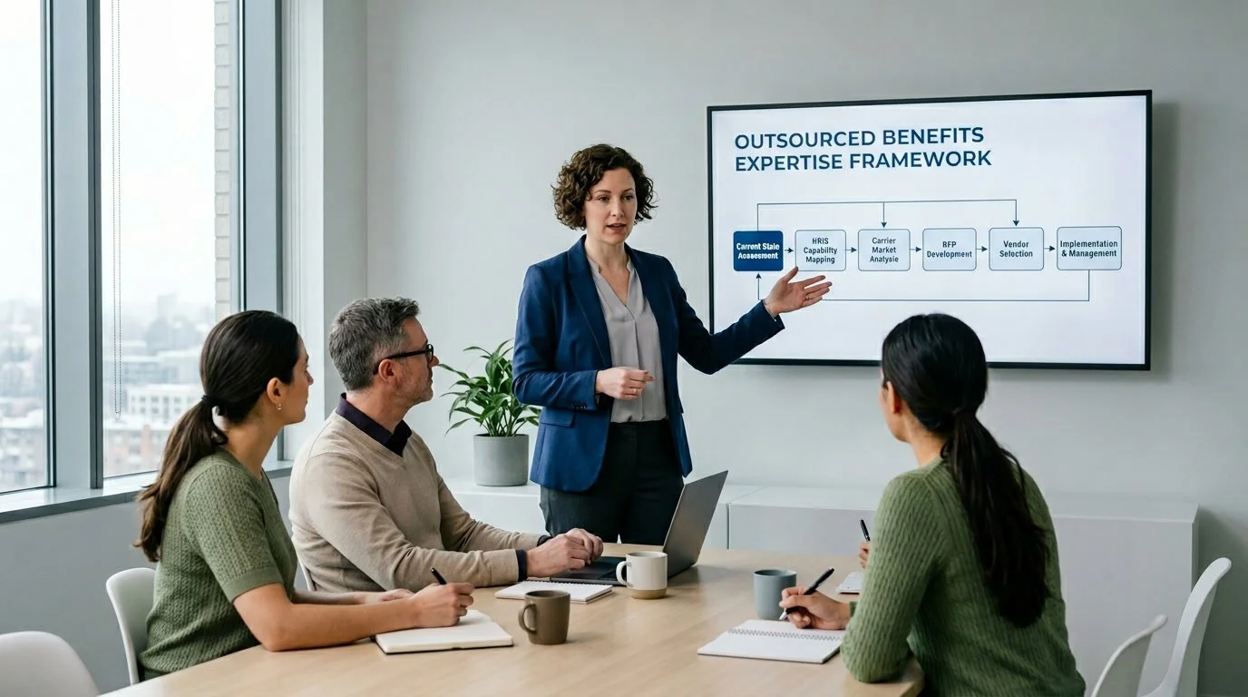 Benefits consultant presenting outsourced benefits expertise framework for HRIS and carrier selection