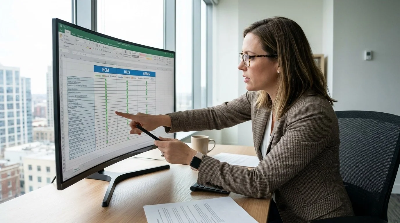 Business professional comparing HCM vs HRIS vs HRMS systems on computer screen for HR technology selection