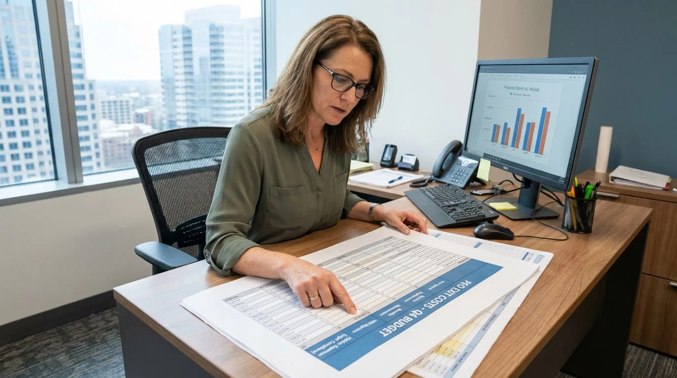 HR professional analyzing budget breakdown showing PEO exit costs including HRIS, benefits, and hidden expenses