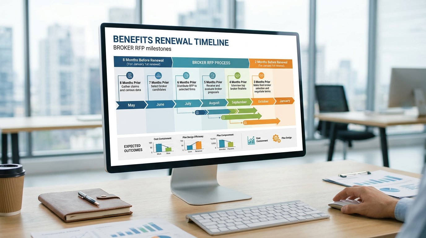 Benefits renewal timeline showing broker RFP milestones from 8 months to 2 months before renewal
