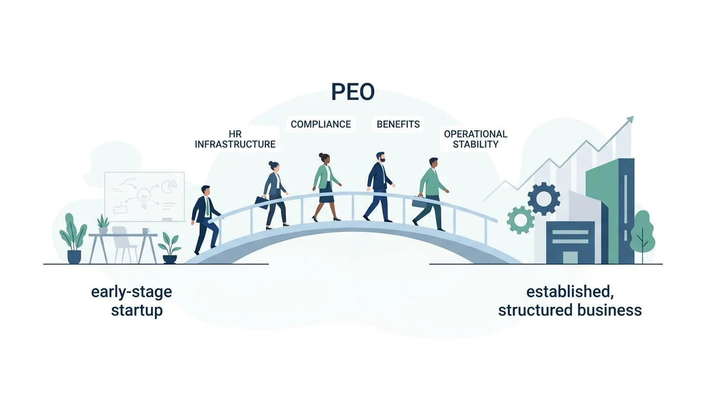 Timeline showing PEO for startups as temporary solution with planned transition milestones for scaling companies