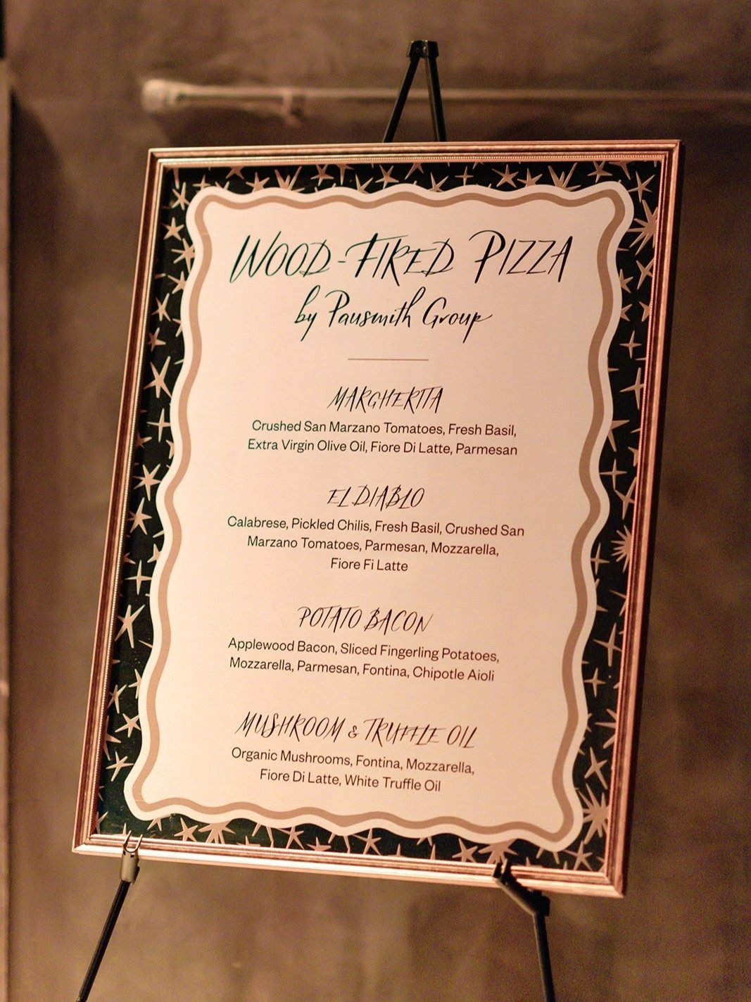 Framed standing menu for the @pausmithgroup pizza bar at the @californiaweddingday gala. Loving the irregular wavy border and imperfect star-shapes, inspired by Matisse cut-outs.

Make sure to book day-of paper goods a minimum of six weeks out from y