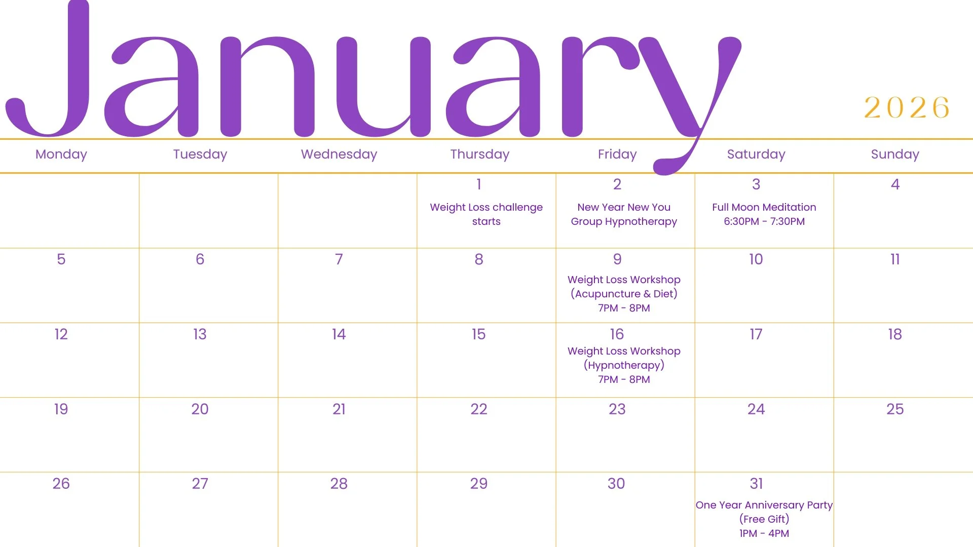 January Events Calendar