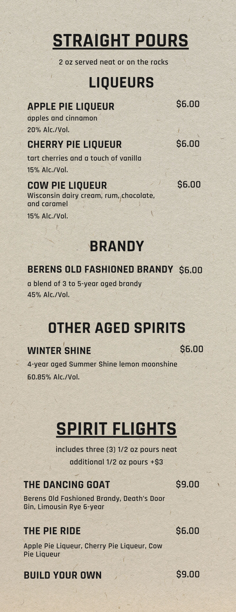 Dancing Goat Distillery Spirits Menu