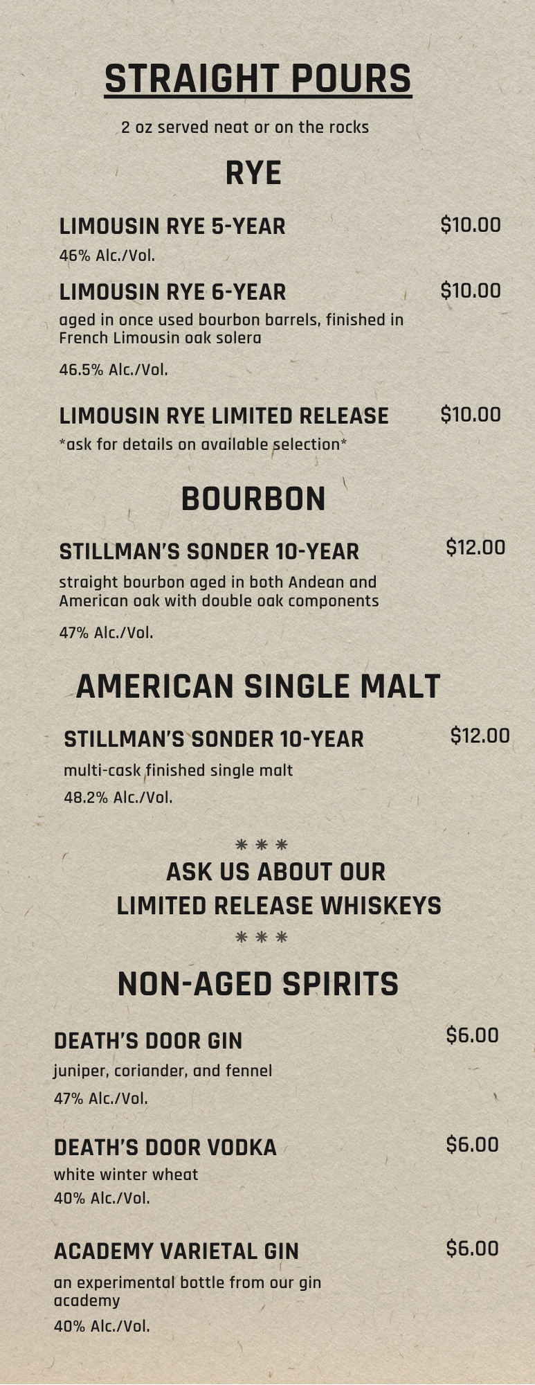 Dancing Goat Distillery Whiskey Menu