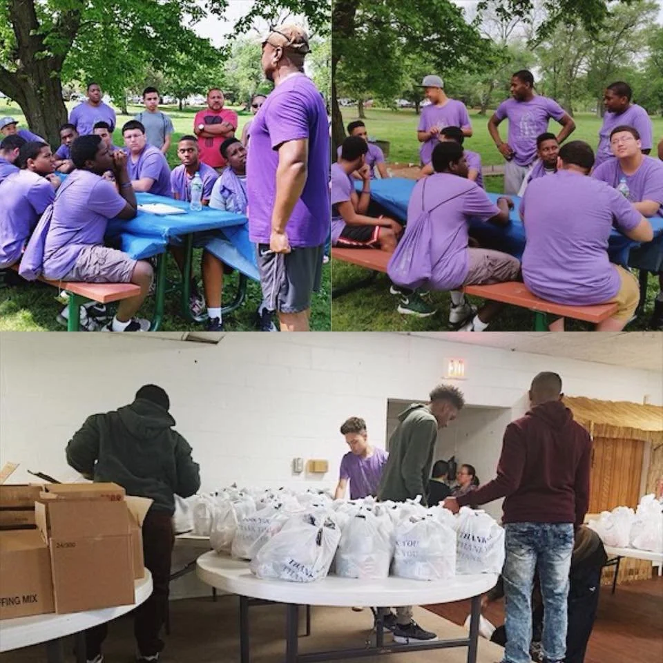 Group of people wearing purple t-shirts, sitting and standing around picnic tables outdoors, top; individuals organizing grocery bags indoors, bottom.