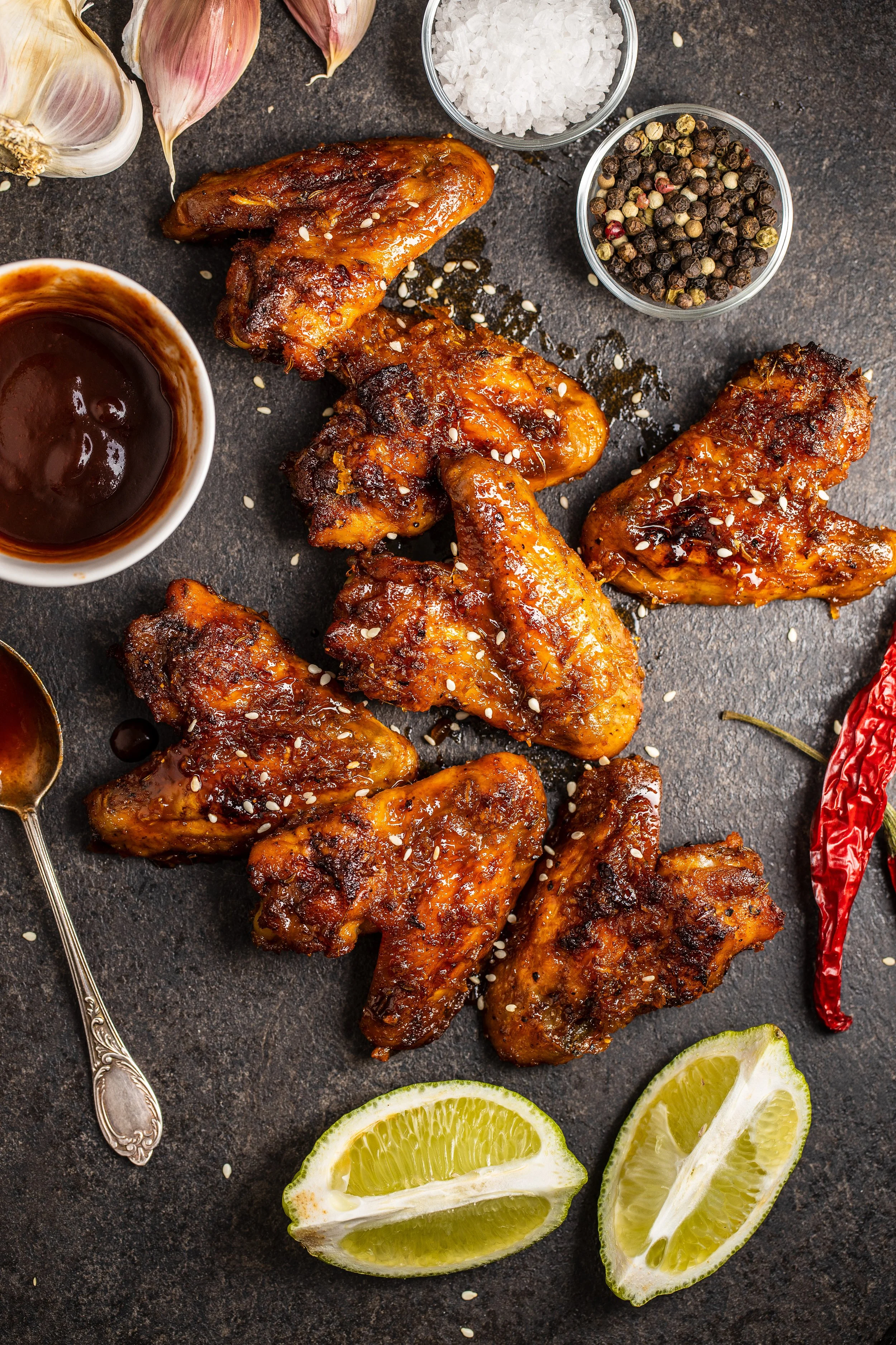 Spicy grilled chicken wings garnished with sesame seeds on a dark surface. Surrounded by ingredients including garlic cloves, lime wedges, a bowl of sauce, salt, peppercorns, and red chili peppers.