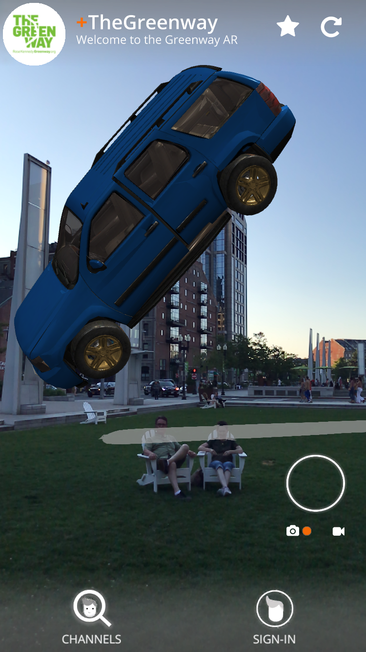   CarDrop-V , Will Pappenheimer, augmented reality public art, Rose Fitzgerald Kennedy Greenway Conservancy, Boston MA, 2019. 
