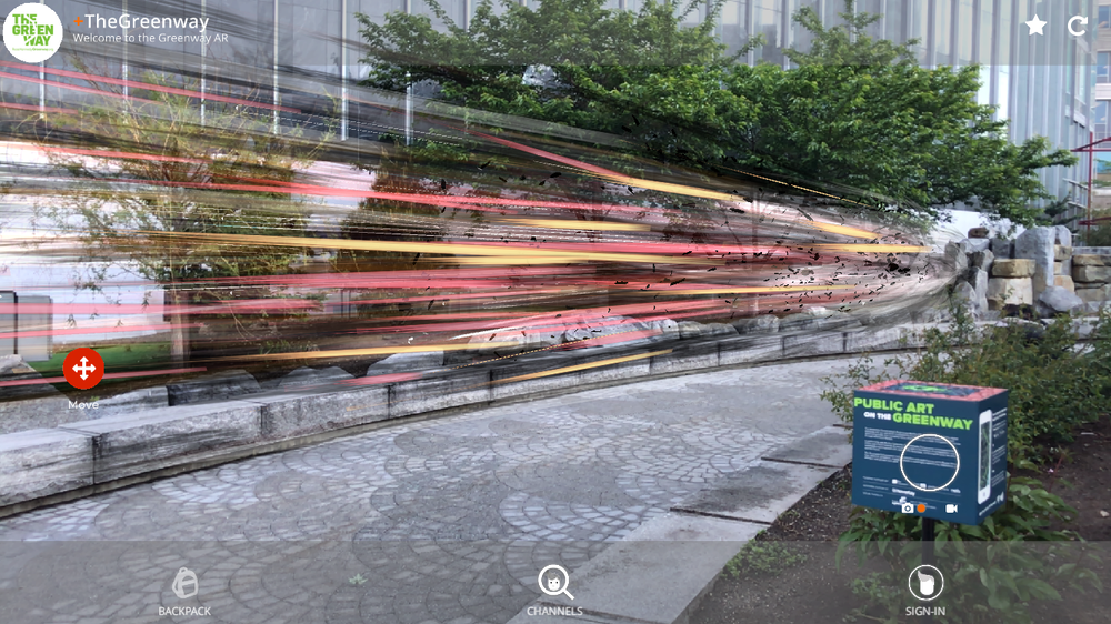   Speed , Nancy Baker Cahill, augmented reality public art, Rose Fitzgerald Kennedy Greenway Conservancy, Boston MA, 2019. 