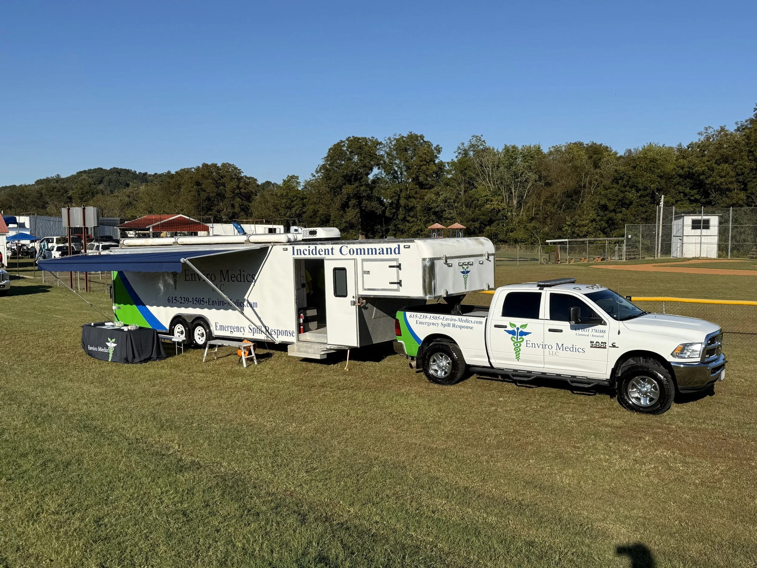 Enviro Medics LLC incident command trailer and emergency spill response vehicles deployed for hazardous materials operations In Pulaski, Tennessee.