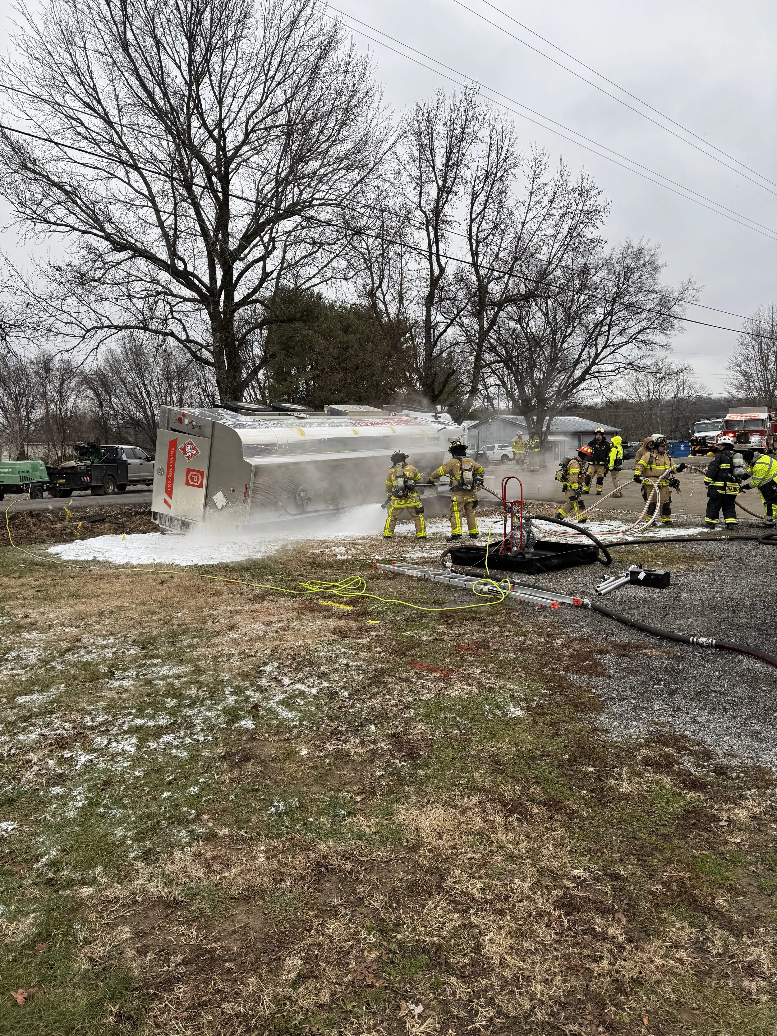 Enviro Medics responded to a fuel tanker rollover with a large fuel leak. Vapors were suppressed before offloading the truck.