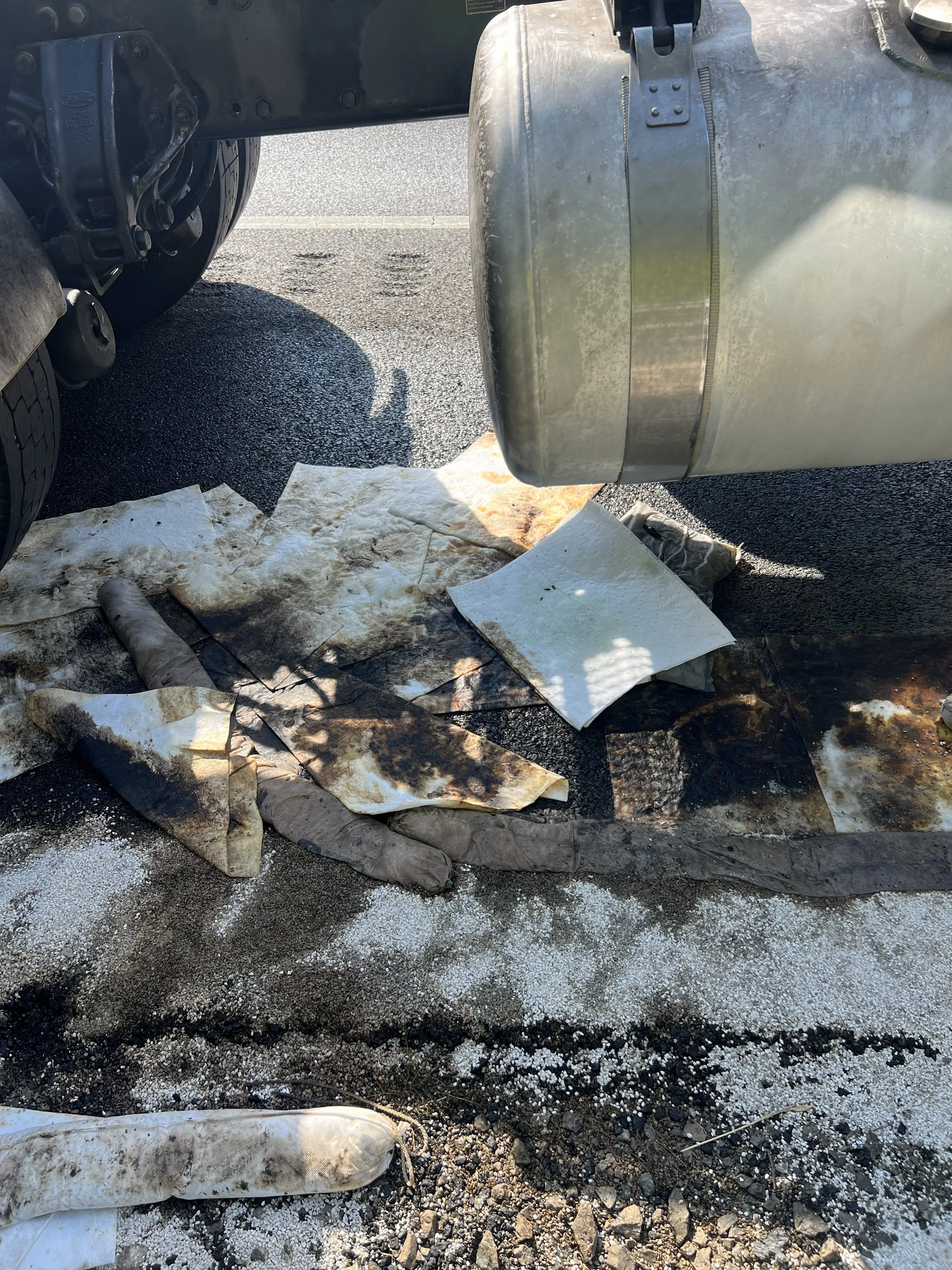 Ruptured fuel tank after a tanker was hit by a vehicle. Enviro Medics spill response team quickly plugged the leak until offloading.