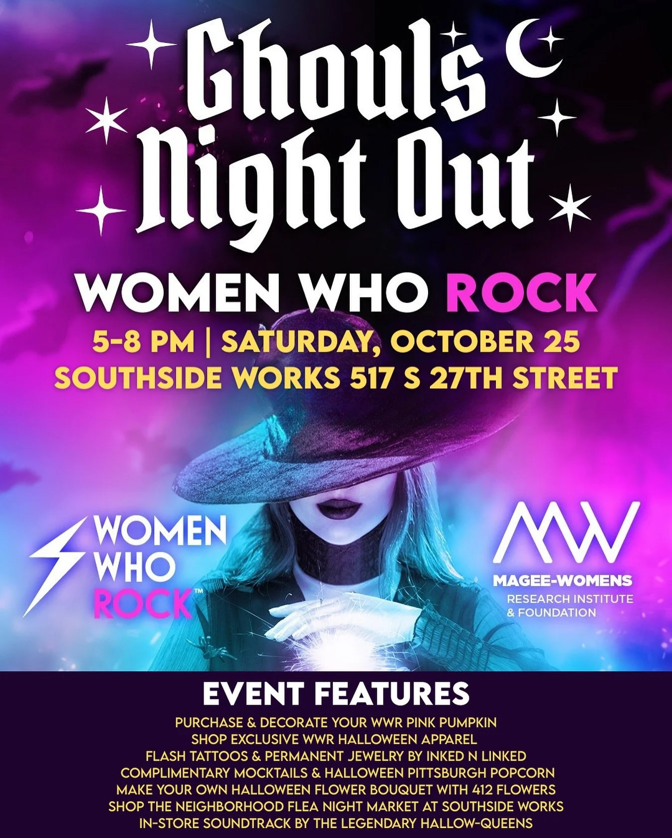 ✨ Get ready for a spooktacular night of shopping, pink pumpkins, flash tattoos, and Halloween fun at the Women Who Rock Shop during Ghoul&rsquo;s Night Out &mdash; happening alongside the Neighborhood Flea Night Market at SouthSide Works during the G