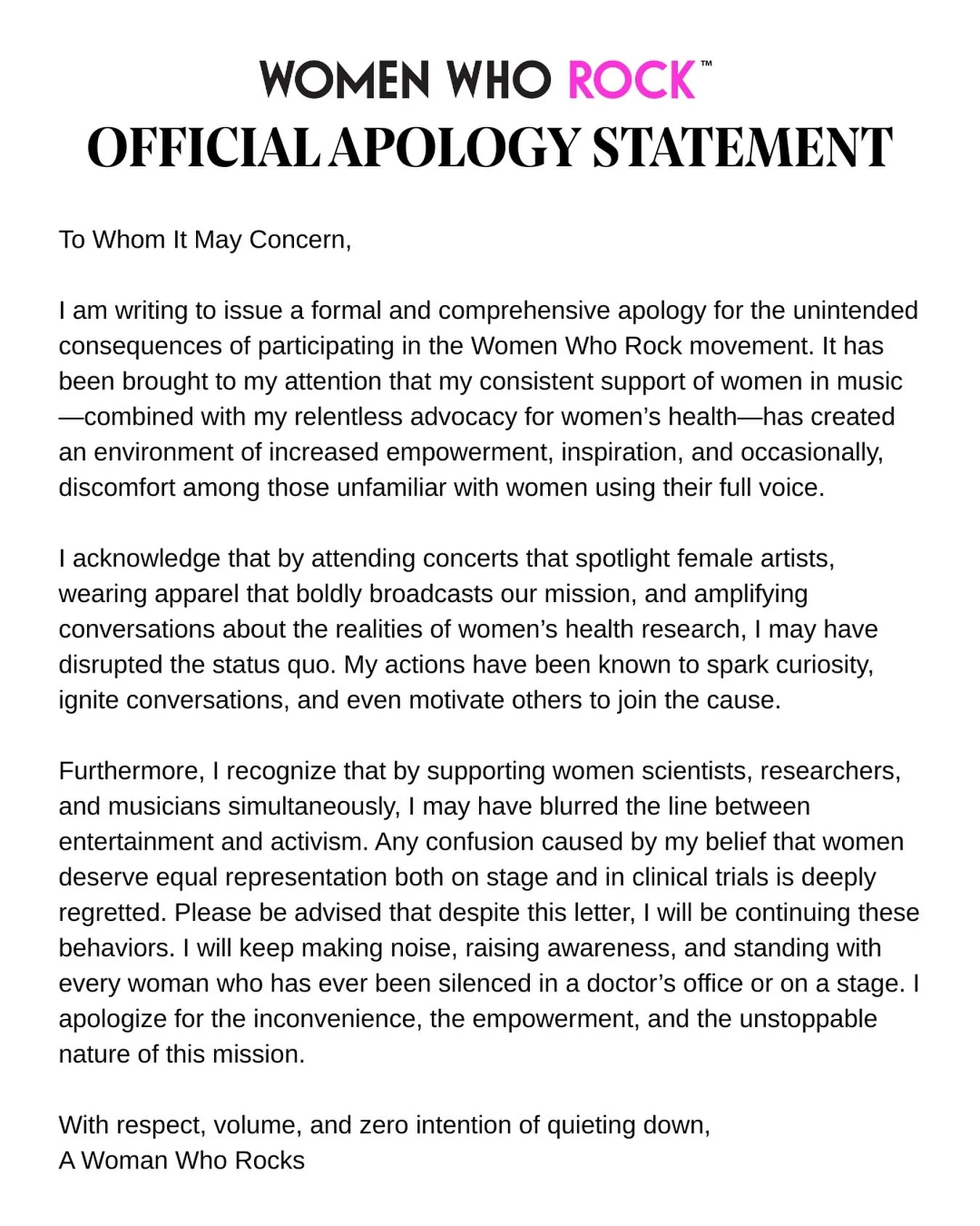 We apologize for the empowerment, the advocacy, the noise, and the movement we accidentally-on-purpose created. Women deserve equal spotlight and equal healthcare&mdash;so no, we won&rsquo;t be quiet. ⚡️🔥 

#WomenWhoRock #apology