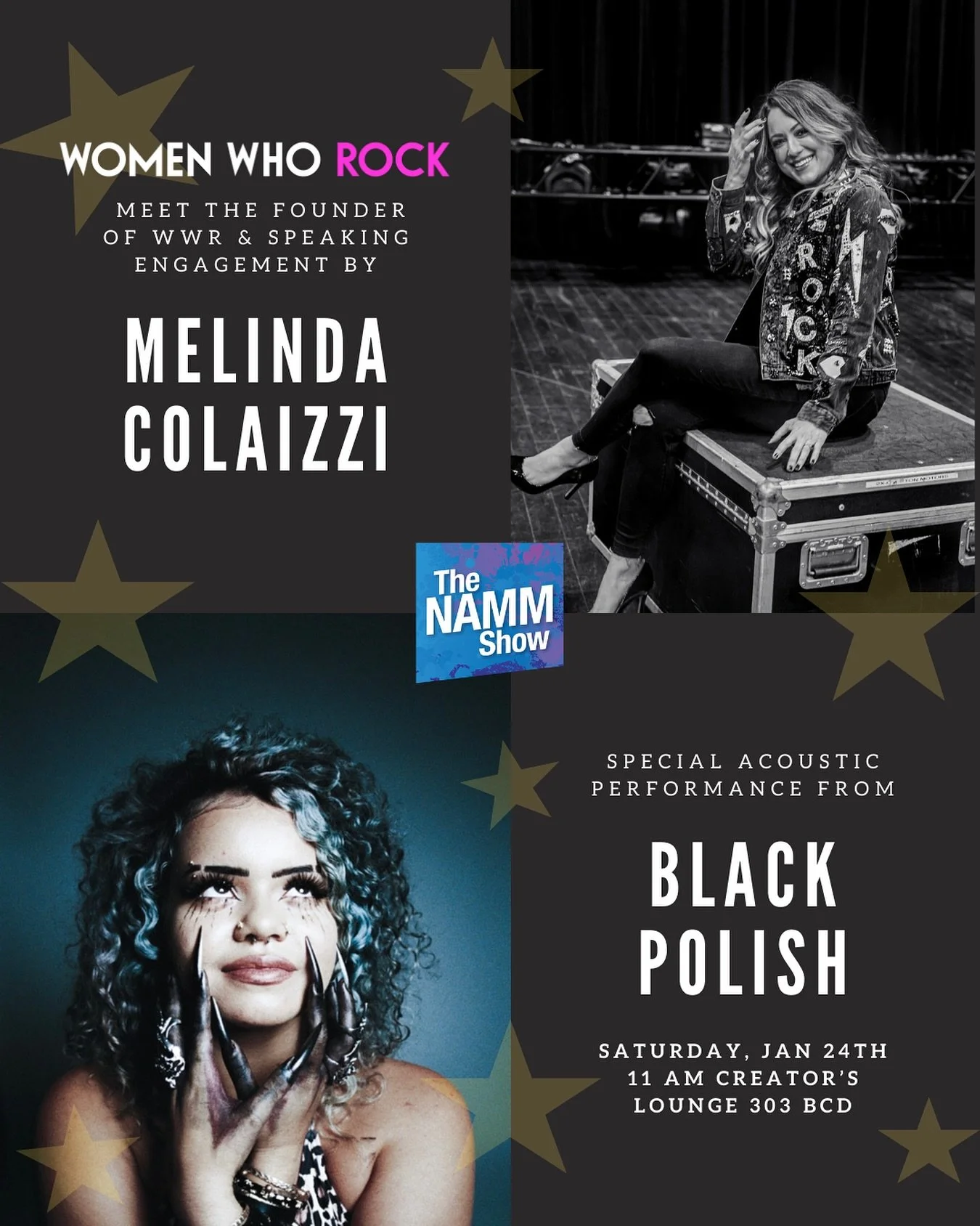 ⚡🎸 Women Who Rock is taking over the Creator Lounge at NAMM 🎸⚡

Join us this Saturday at 11 AM in the Creator Lounge (303 BCD) with our friends @gibsonguitar for a powerful Women Who Rock experience featuring:

⚡️Melinda Colaizzi, Founder of Women 