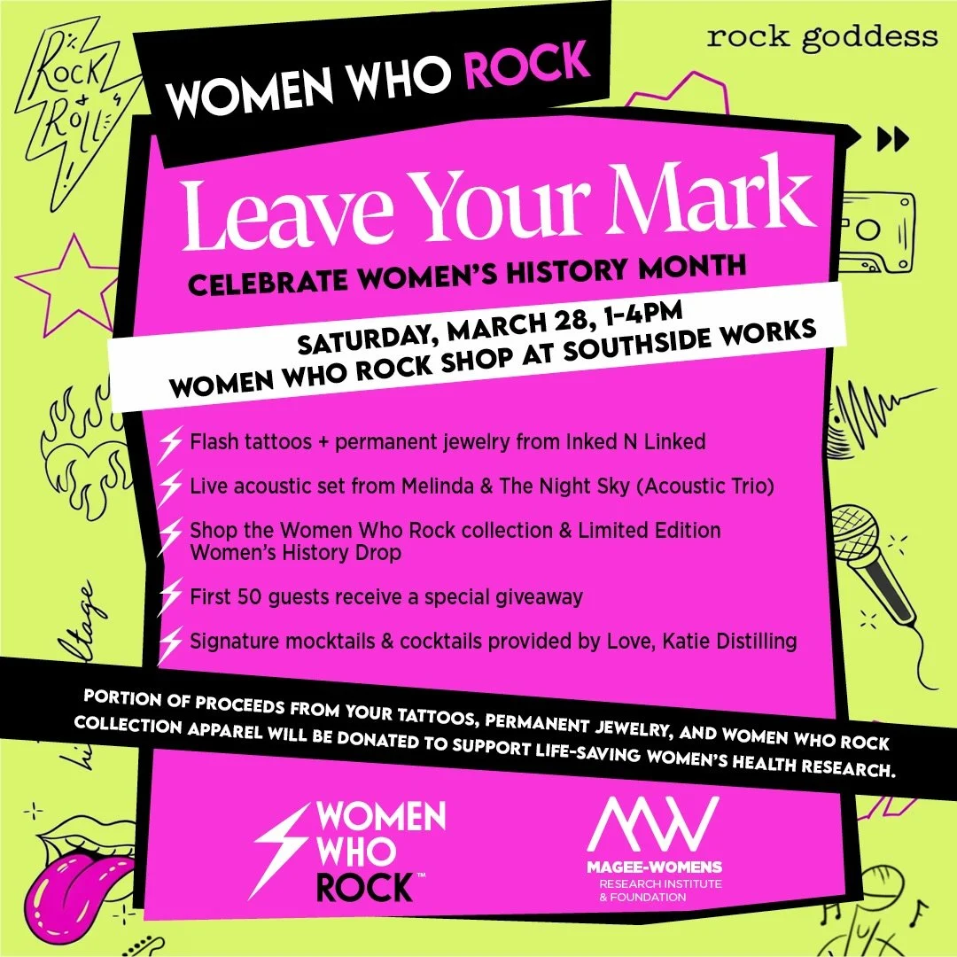 JUST ANNOUNCED! WOMEN WHO ROCK: LEAVE YOUR MARK ⚡

This Women&rsquo;s History Month, Women Who Rock is bringing together music, ink, shopping, and impact all in one unforgettable afternoon.

📅 Saturday, March 28 | 1&ndash;4PM
📍 Women Who Rock Shop 
