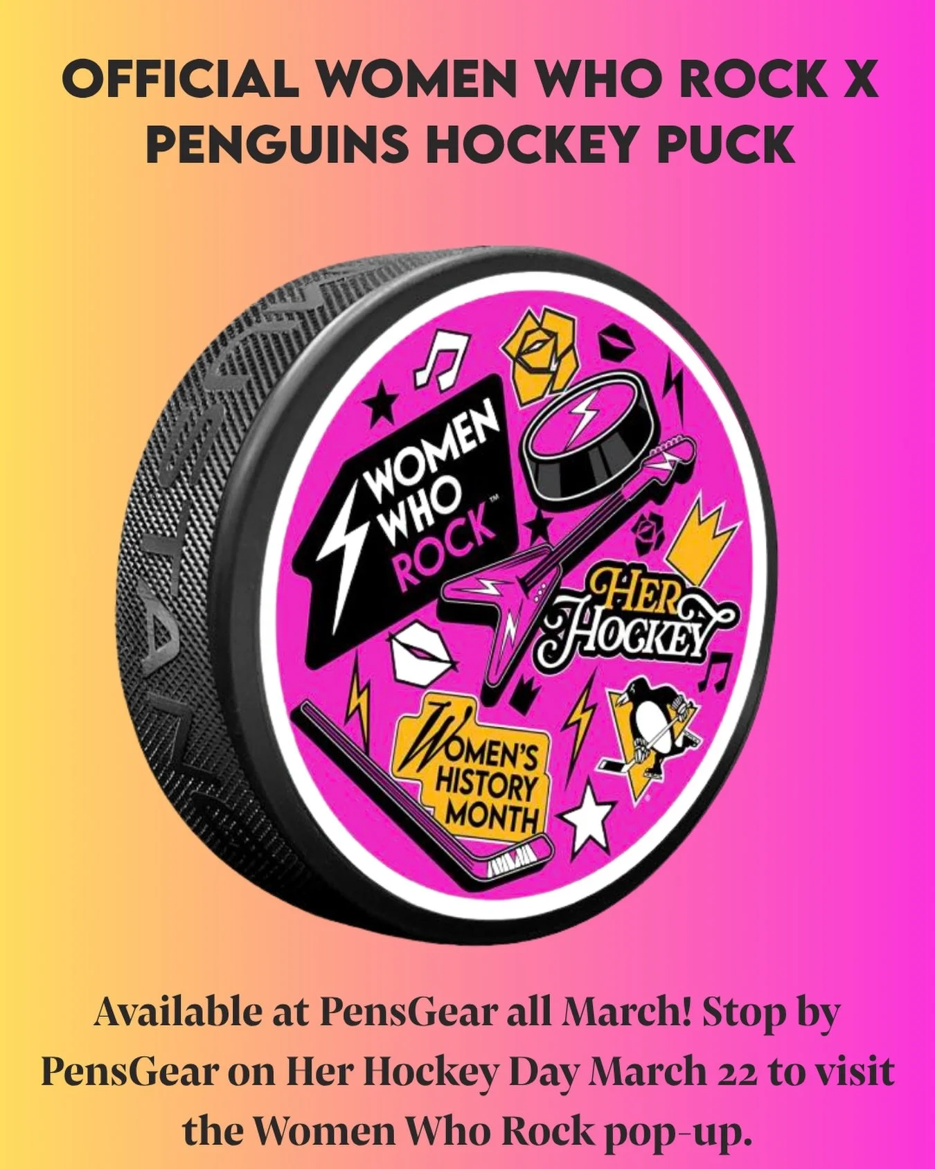 ⚡️ LIMITED EDITION ⚡️The official Women Who Rock x Pittsburgh Penguins Women&rsquo;s History Month puck is  available all month at PensGear and it&rsquo;s the perfect collectible to celebrate Women&rsquo;s History Month.

If you haven&rsquo;t grabbed