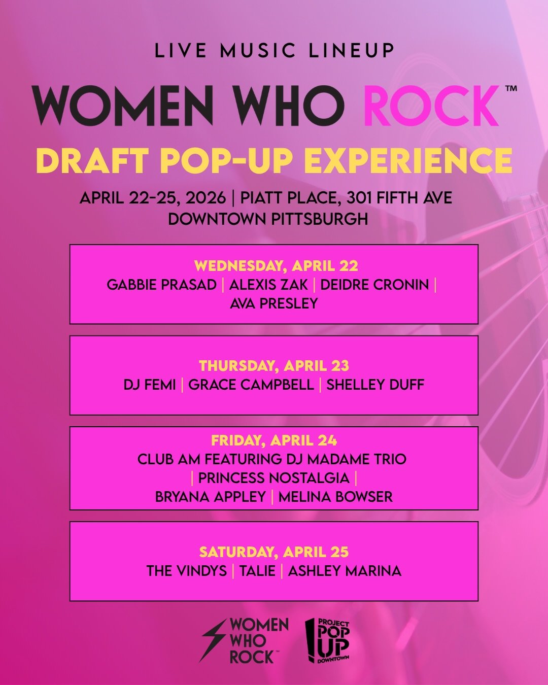 Pittsburgh&hellip; it&rsquo;s happening ⚡We&rsquo;re bringing an incredible lineup of female-fronted acoustic music, DJs, and more to our Women Who Rock pop-up at Piatt Place during Draft week 🎤

We&rsquo;re creating a space filled with live music, 