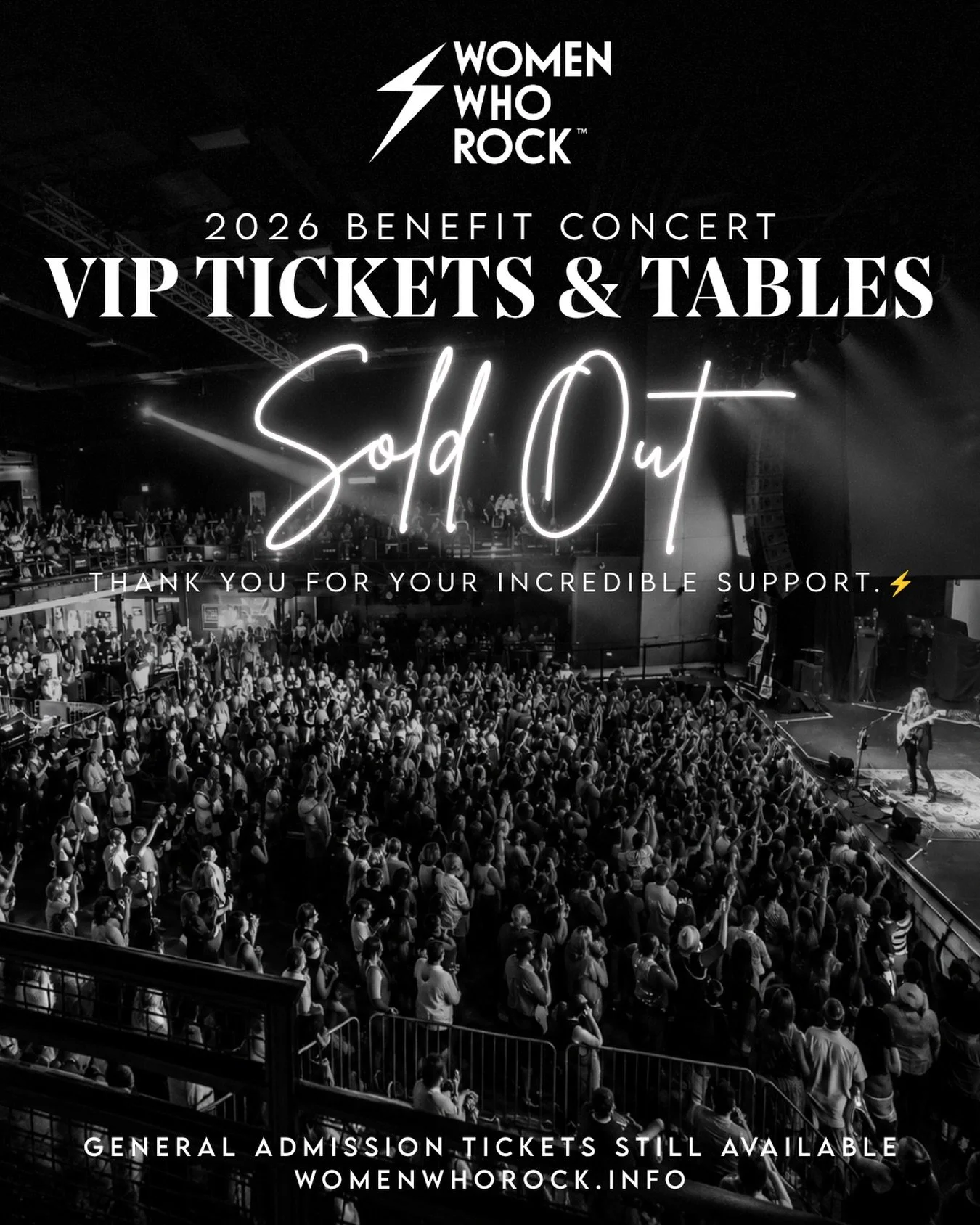 ⚡ VIP IS OFFICIALLY SOLD OUT! ⚡

VIP tickets and VIP tables for the 2026 Women Who Rock Benefit Concert are officially gone! 💗

We are incredibly grateful for the support behind this year&rsquo;s event and our mission to amplify women in music while