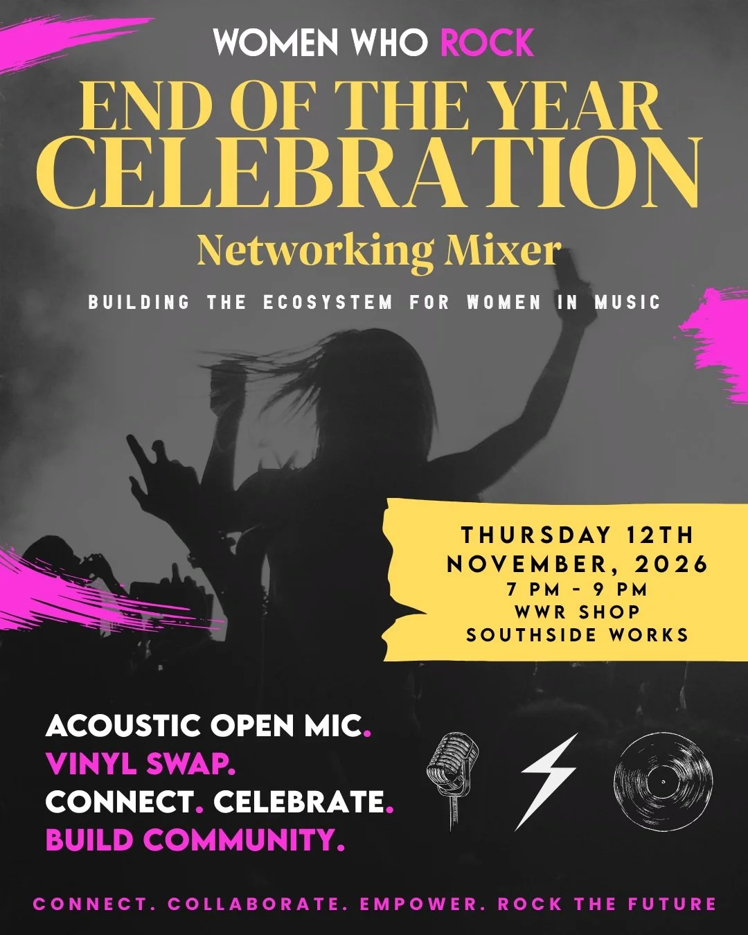 ✨ DATE CHANGE! ✨

Our Women Who Rock&trade; End-of-Year Networking Mixer is officially moving to November 12th! 💗⚡

Join us at the WWR Shop from 6&ndash;9 PM for an evening of connection, conversation, community, and celebrating another incredible y