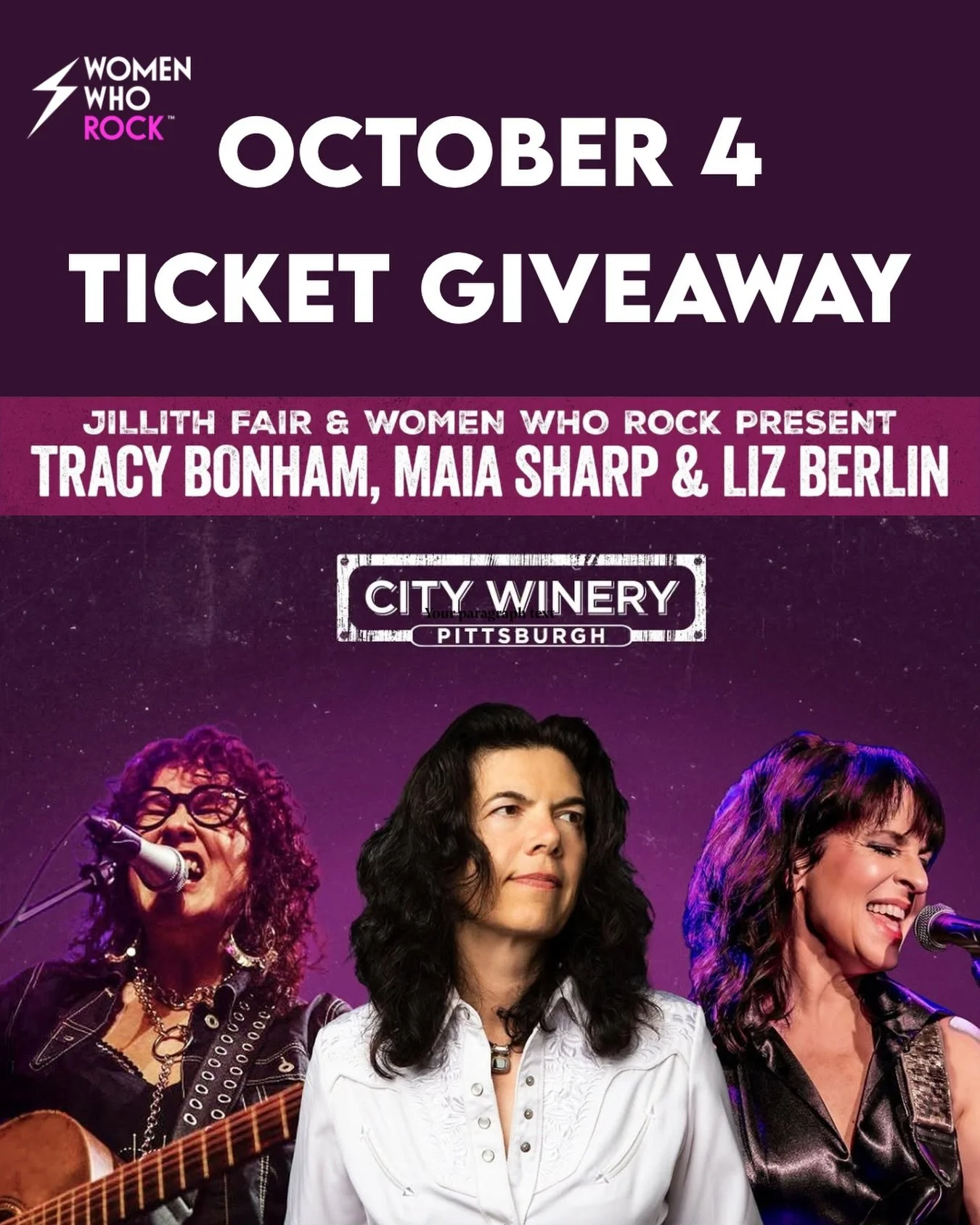 🎟️ TICKET GIVEAWAY! 🎟️

Women Who Rock is giving you the chance to catch an incredible night of female-fronted music at City Winery Pittsburgh! 💗🎶

Jillith Fair &amp; Women Who Rock Present:
✨ Tracy Bonham
✨ Maia Sharp
✨ Liz Berlin

City Winery P