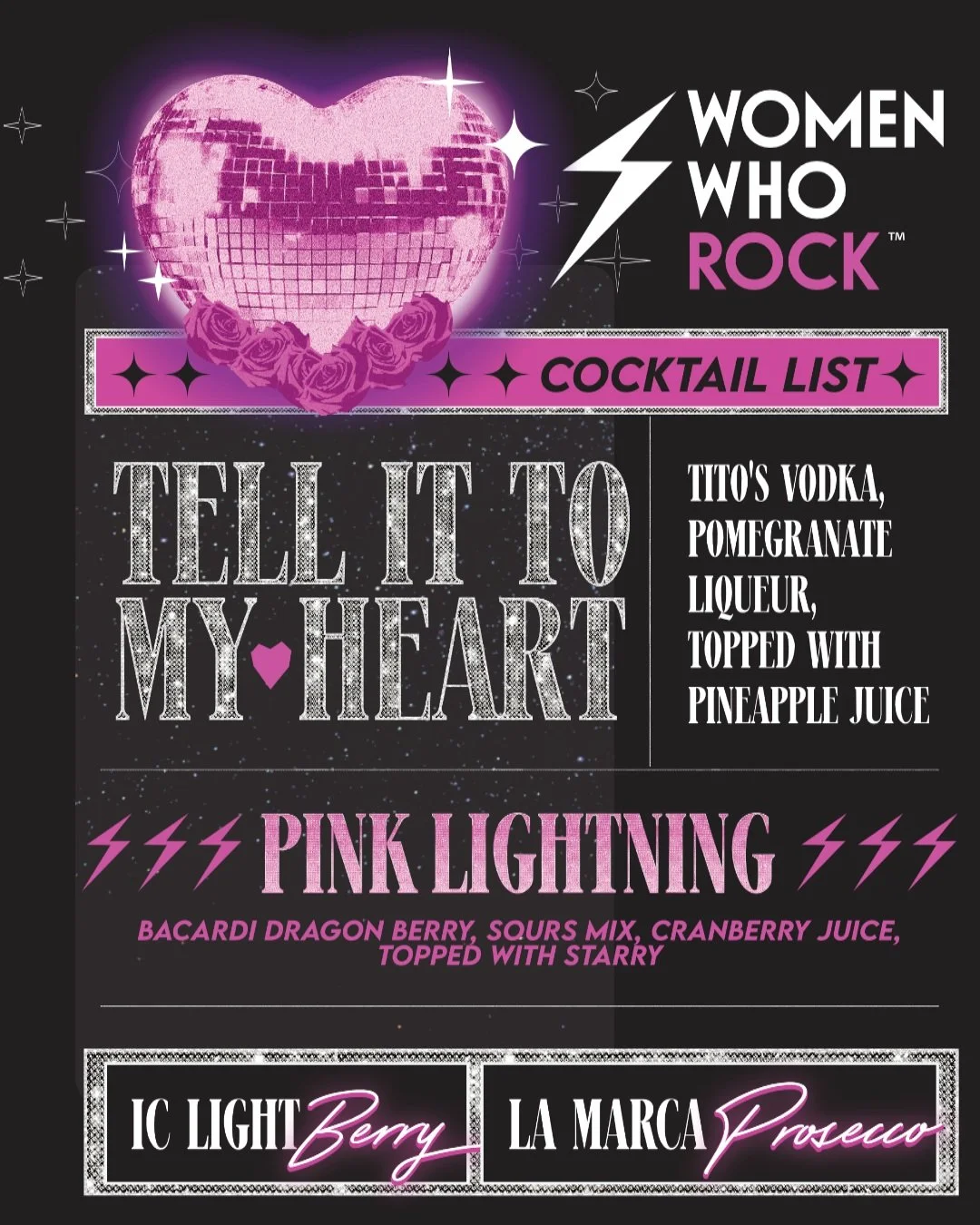 🍸 DRINKS THAT ROCK. 

Get ready to raise a glass at the 9th Annual Women Who Rock&trade; Benefit Concert! Our signature cocktails are officially here &mdash; each one with a little rock &rsquo;n&rsquo; roll flair. 🎶

Tell It To My Heart
Tito&rsquo;