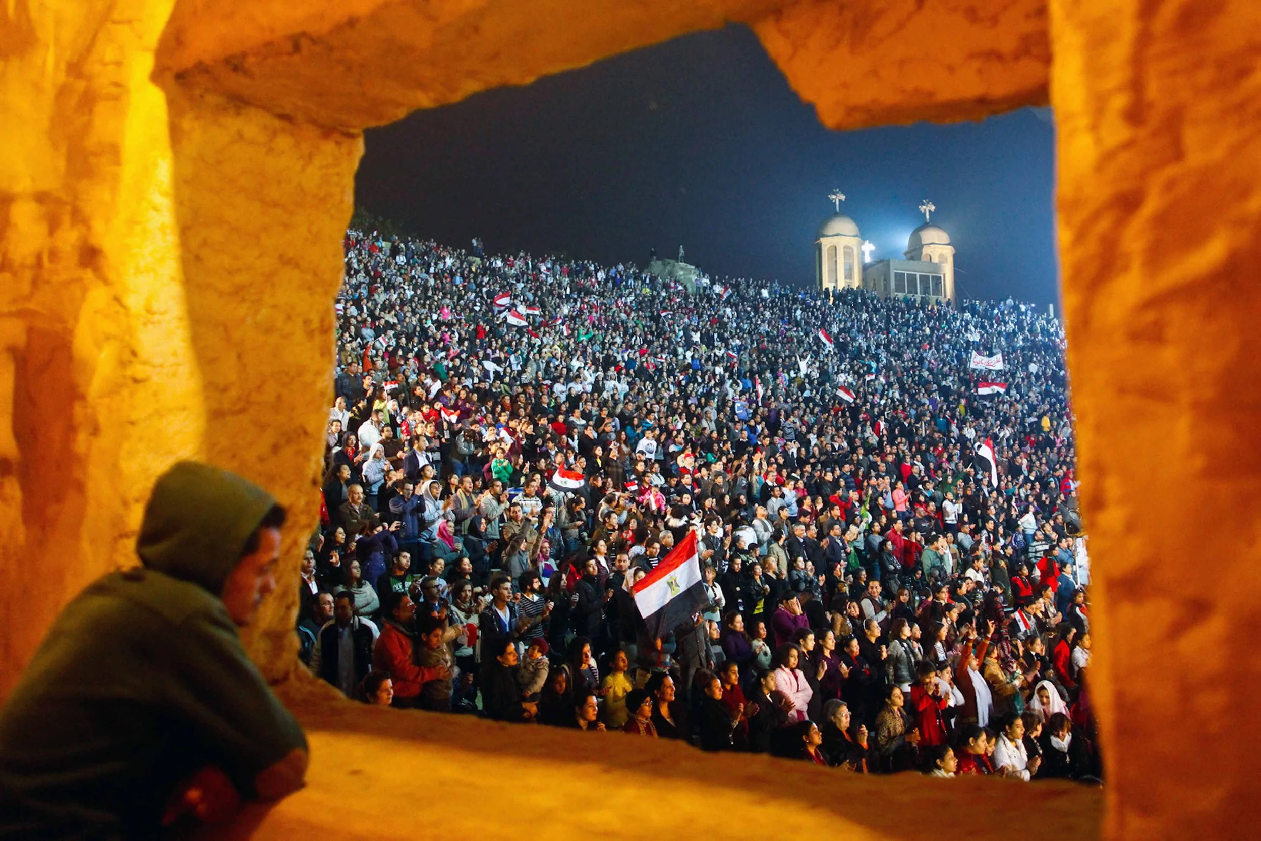 Cairo, December 2012, During the presidency of Mohamed Morsi, Muslims and Christians came together for a Prayer Day for Egypt at the Samaan ElKharaz Monastery on Al Mokattam Mountain, one day before a referendum on the constitution.