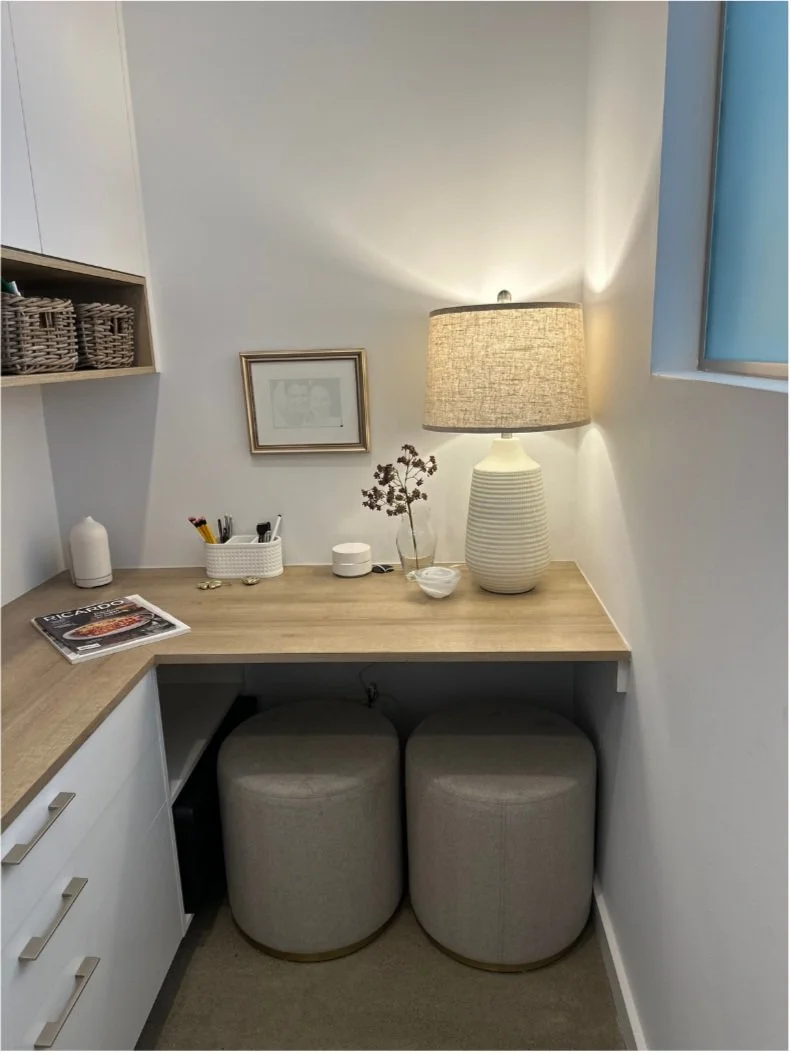 AFTER - office zone gets refresh & reorg (client never thought of using the space in this manner - she was shocked)