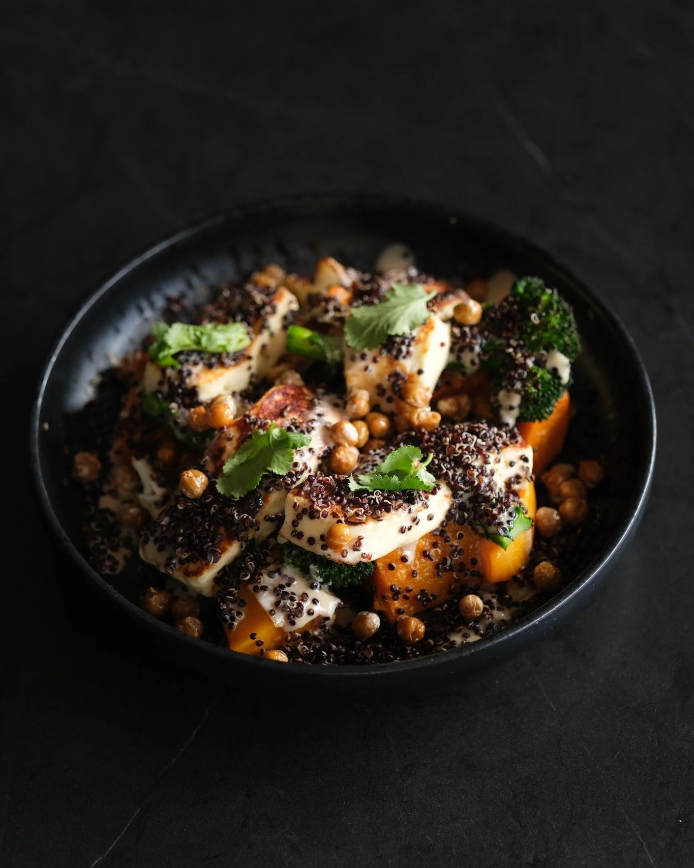 caramelised maple squash, cabbage, fennel, thick cut haloumi, coconut miso dressing, crispy chickpeas, coriander
