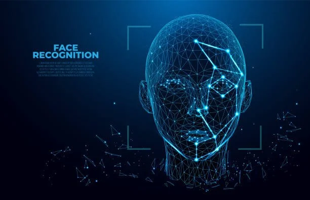 Digital illustration of a human face with facial recognition technology, featuring a wireframe head with connected lines and points, against a dark blue background.