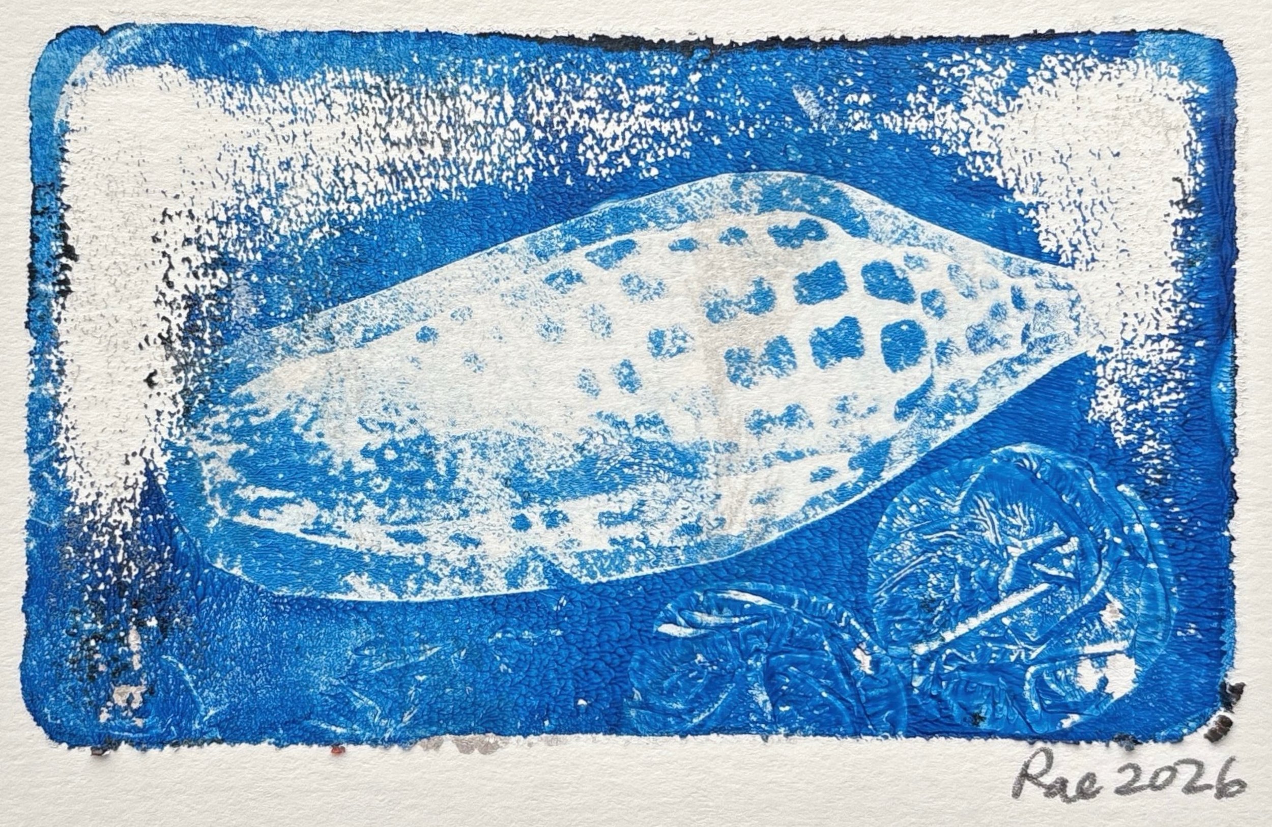 blue rectangular monoprint with image transfer of a spotted elongated shell in the middle