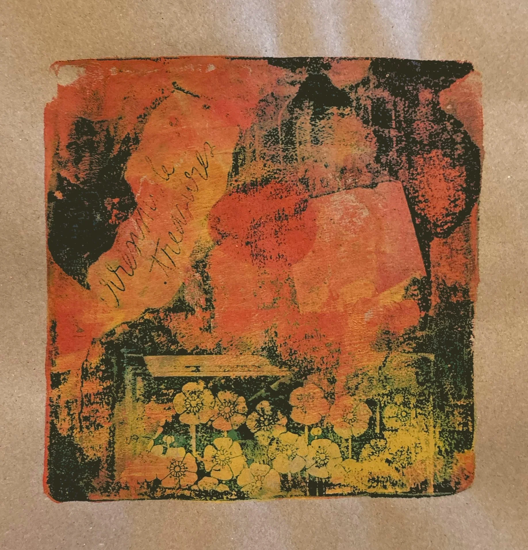 Titled, “Irresistible Treasures,” due to the cursive  words that appear in this monoprint onto brown wrapping paper, the piece also hold flowers and shapes in yellow, red, and green.