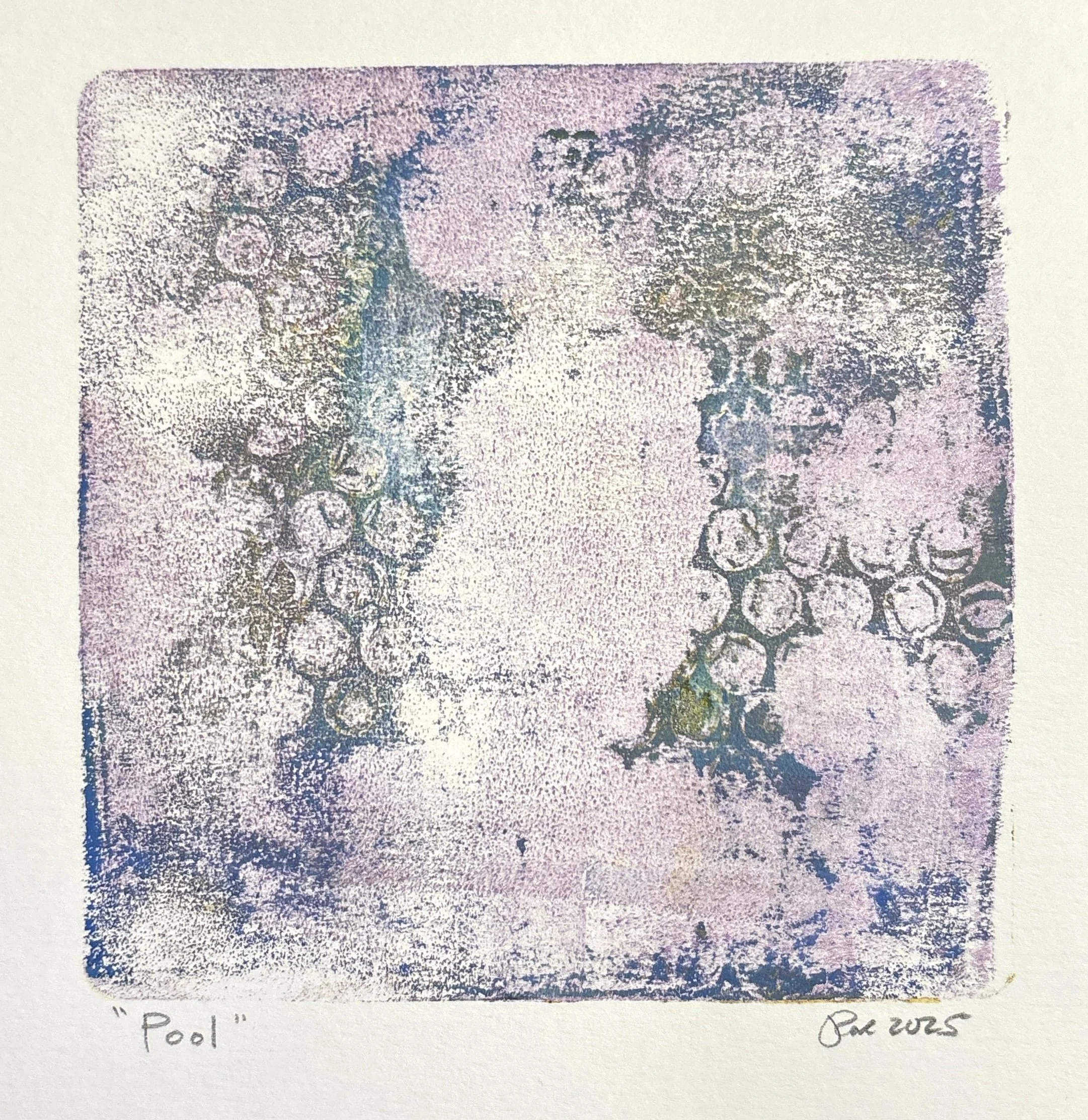 Titled “Pool,” this monoprint uses bubble wrap transfer and blue, green, and lavender colors to create the feeling of a peaceful underwater swim.