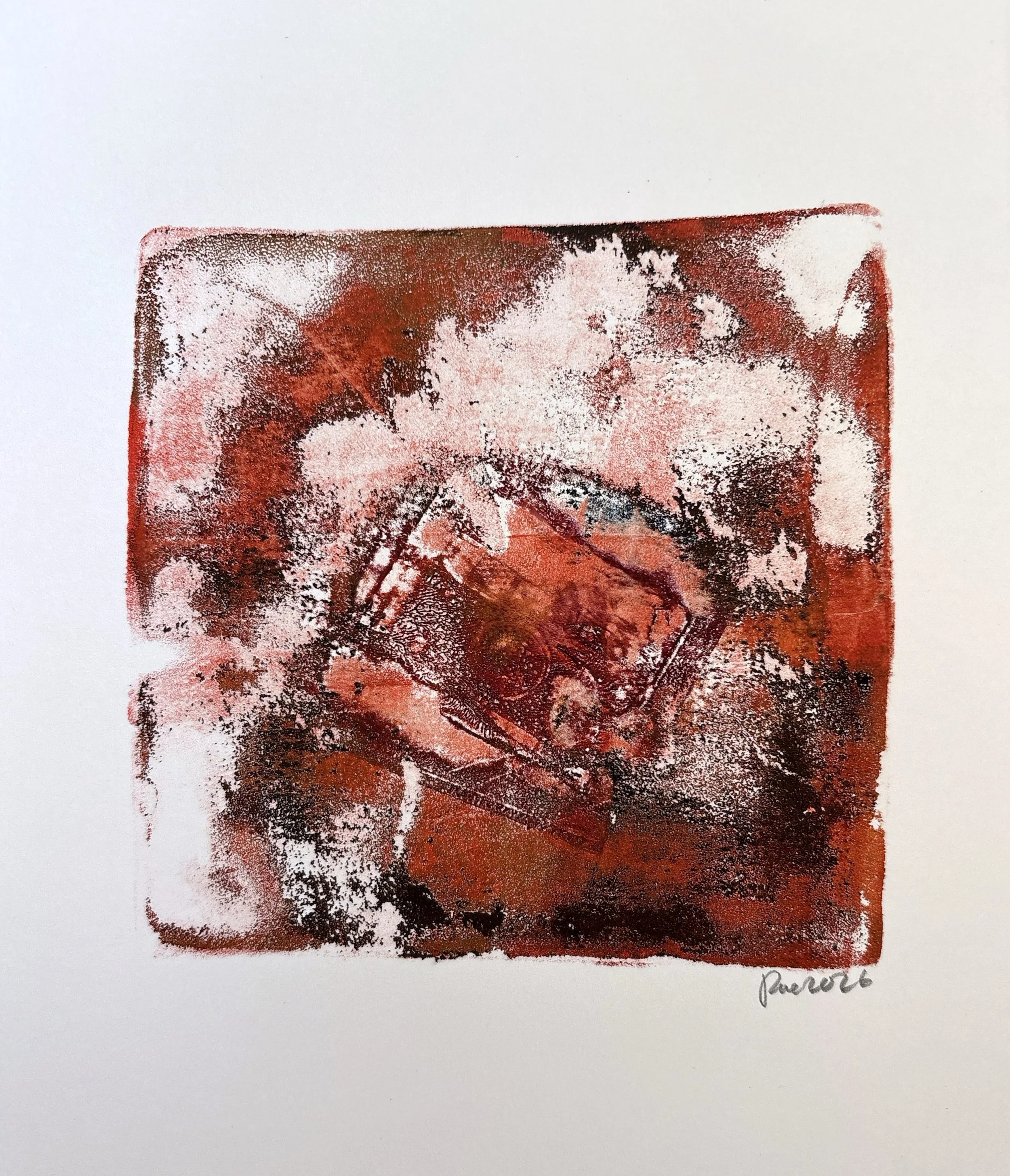 square monoprint in deep red, black and white with image transfer of an old manual camera at its center
