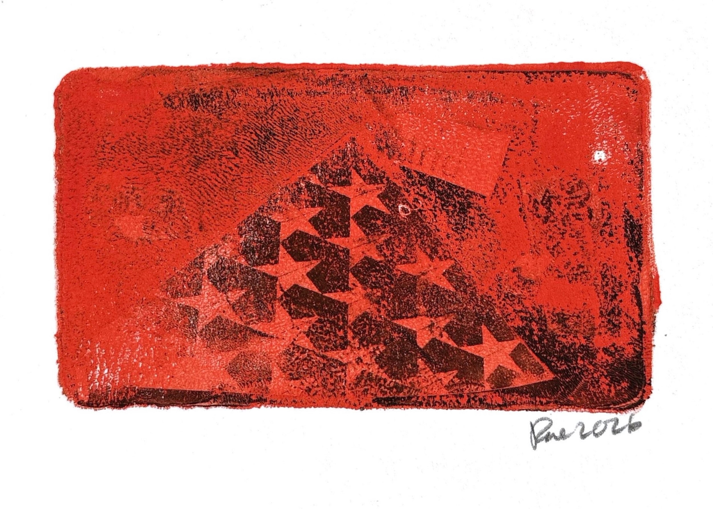 horizontal rectangular monoprint with a red background and partial stars of the United States flag