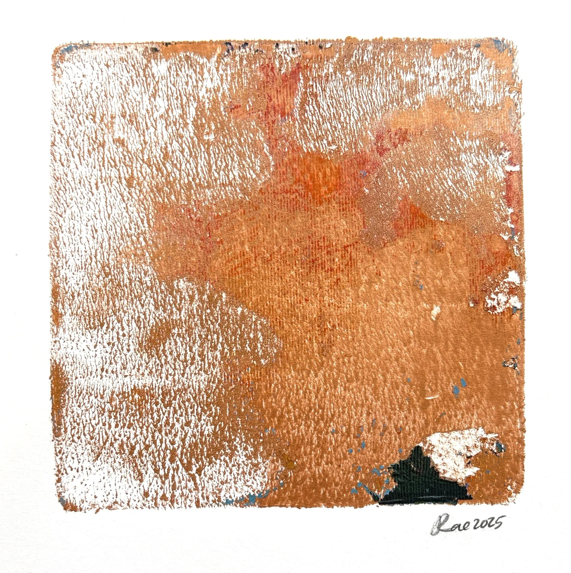 Titled “Cats Dream,” this is a square monoprint with copper metallic, orange, and white paint. In the lower right corner, a small black shape and a a small white shape entwine like cats dreaming.